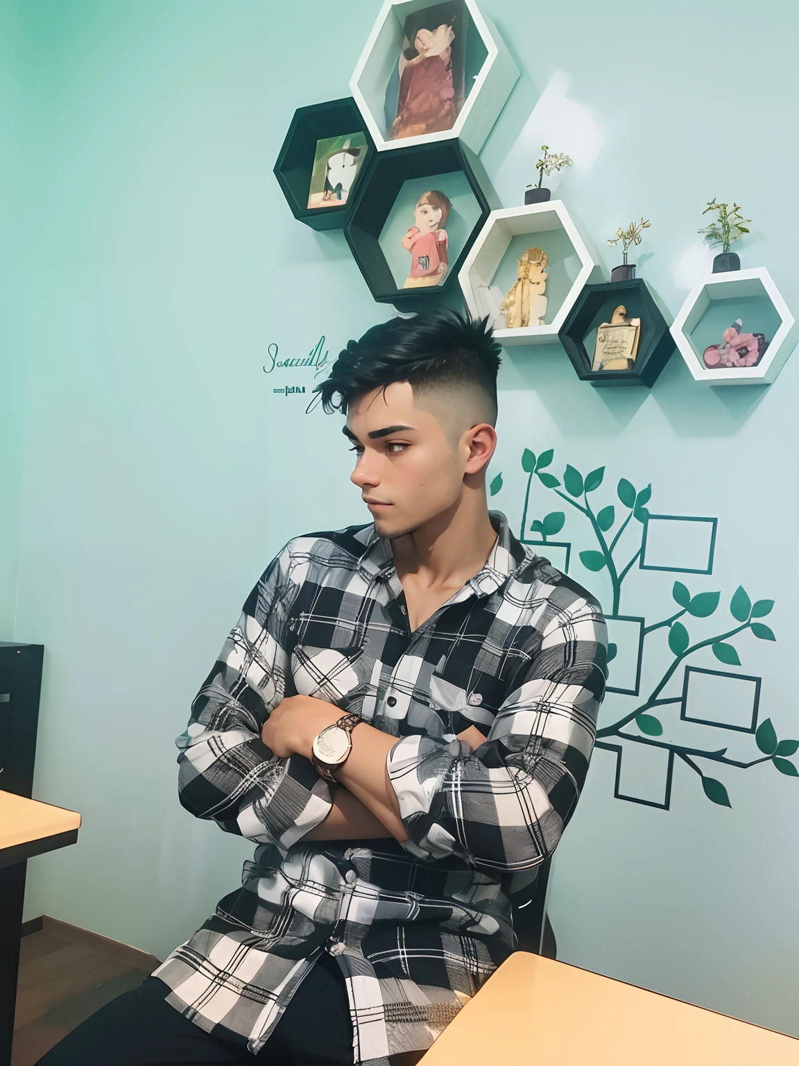 A young man in black short sleeves, half-squatted, sideways, with a smug expression, in the room