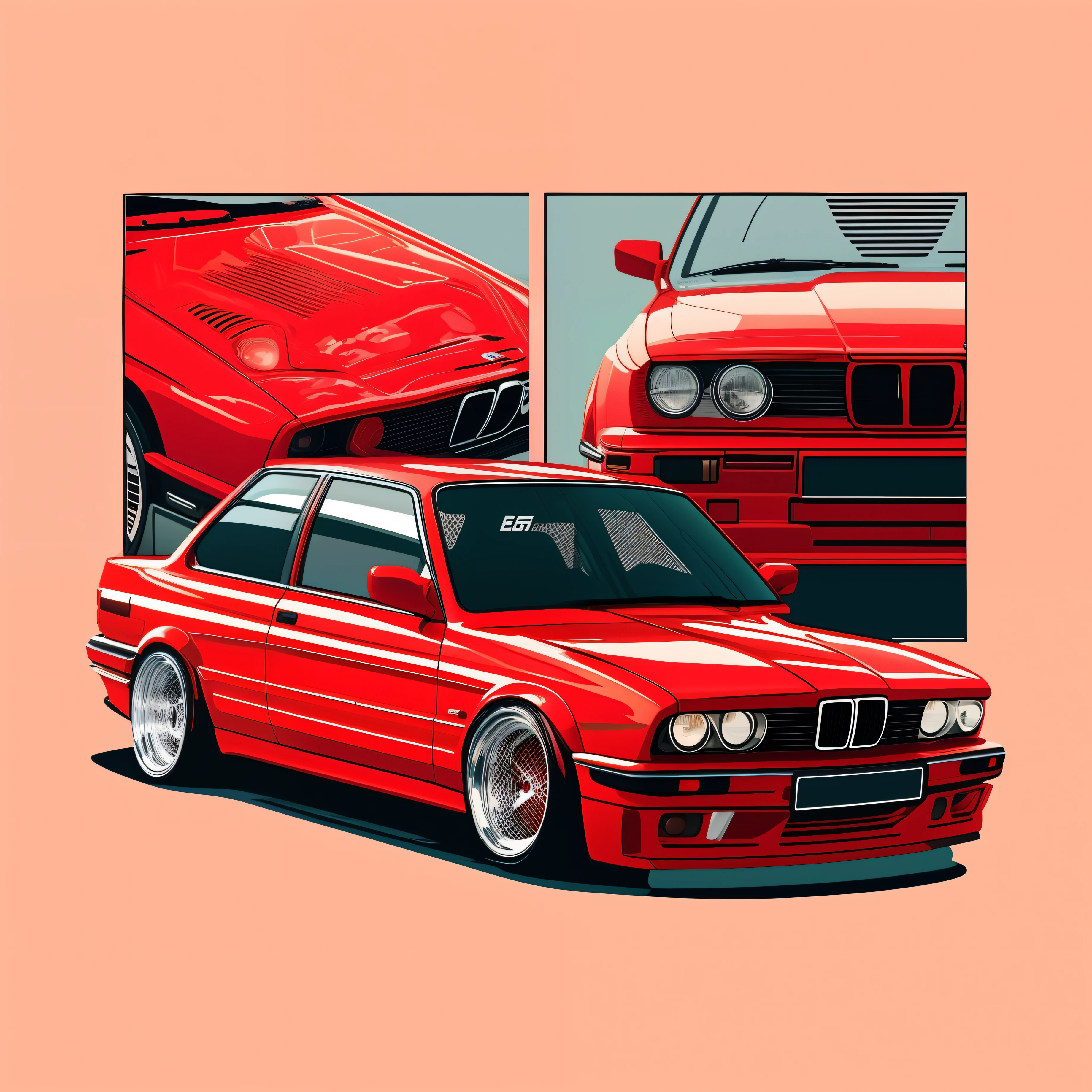 a close up of a red car with a hood open and a picture of a car with a hood open, bmw e 3 0, bmw e30, detailed vectorart, striking detailed artstyle, hyper detail illustration, 1 : 1 hyper illustration, hyper detailed masterpiece, extremely hyper detailed, in style of digital illustration, high contrast illustration, highly detailed vector art