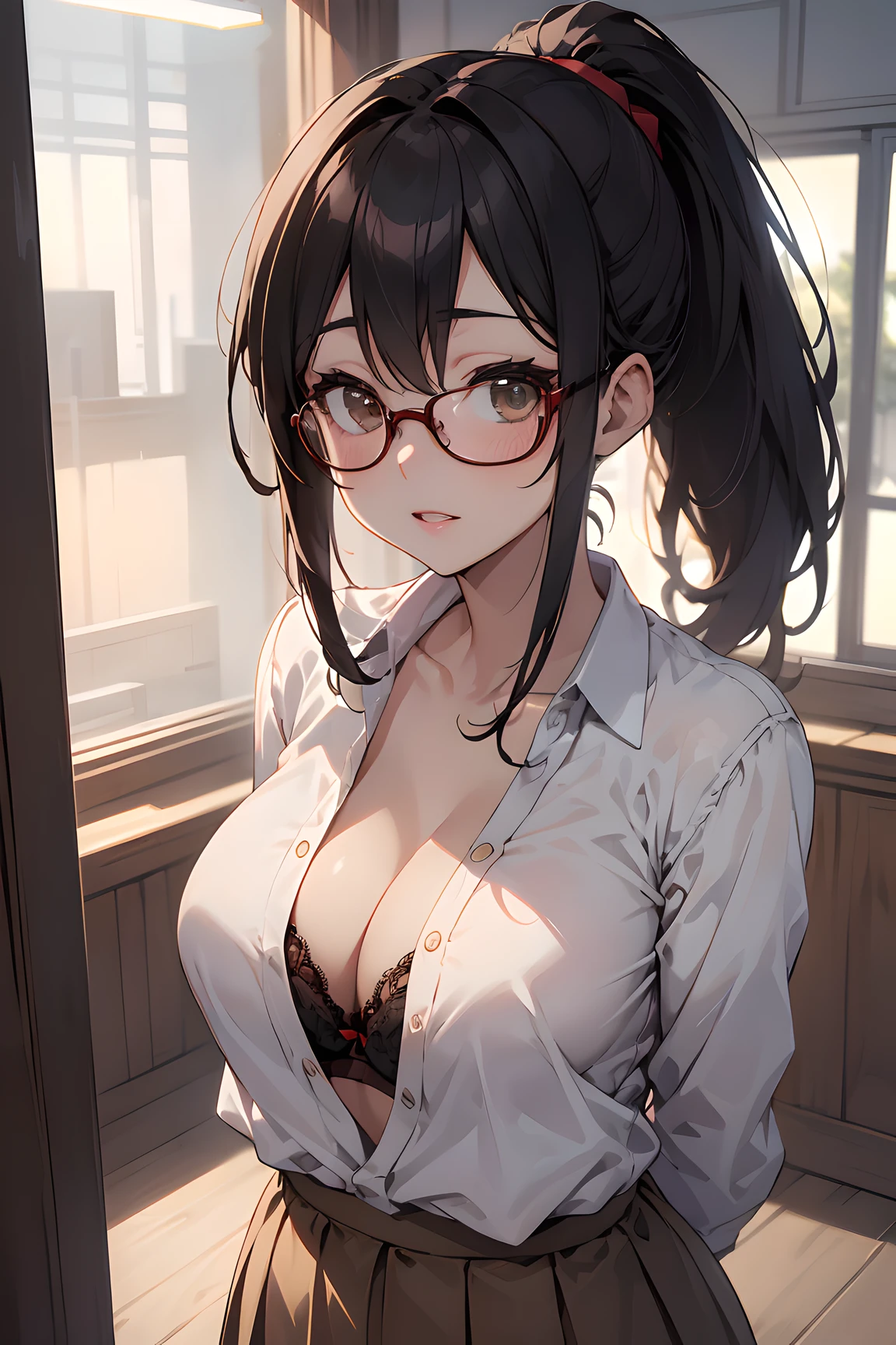 high resolution, Photo of a beautiful woman detailed_face,
young handsome girl,realistic:0.5, perfect skin, (wearing a glasses:1.5), (ultra-detailed background, detailed background), bokeh, make happy expressions, happy emotion, gorgeous,pure, beautyfull detailed face and eyes,breasts,
(black eyes:1.1), (a extremely pretty and beautiful Japanese woman), (sexy girl), (professional attire:1.3), (22 years old: 1.1),
(arms down:1.3),
BREAK
breasts, (dark-red luxury lace bra:1.2), (beige pencil-short-skirt:1.2), Insanely detailed outfit, beautiful detailed skin, (cute:1.2), ((K-pop idol)), (upper thigh:0.6), (depth of field),soft light, Lens Glow
looking at viewer, (Drooping eyes:1.2), straight teeth, smile, floating hair, brown eyes,
BREAK
movie scene, cinematic, full colors, 4k, 8k, 16k, RAW photo, masterpiece, professionally color graded, professional photography,
hair up, consider, soft clean focus, realistic lighting and shading, (an extremely delicate and beautiful art)1.3, elegant,active angle,dynamism pose
BREAK
(ponytail:1.3), (shiny-black thin hair:1.2), bangs, dark brown eyes, beautiful eyes, princess eyes, (big eyes:1.3), bangs, wearing a glasses:1.3, Hair between eyes, short hair:1.3, (slender:1.1), (medium-breasts:0.95), (thin waist: 1.15), (detailed beautiful girl: 1.4), Parted lips, Red lips, full-make-up face, (shiny skin), ((Perfect Female Body)), (upper body image:1.3), Perfect Anatomy, Perfect Proportions, (most beautiful Korean actress face:1.3, extremely cute and beautiful Japanese actress face:1.3), (1glasses girl:1.3, solo), (blush:1.1), gray background, solo focus, (bust shot:1.2),
cinematic light, (nostalgic night scene:1.4), (lockeroom at office:1.4), the vibrant glow of neon lights, (looking at viewer:1.2),