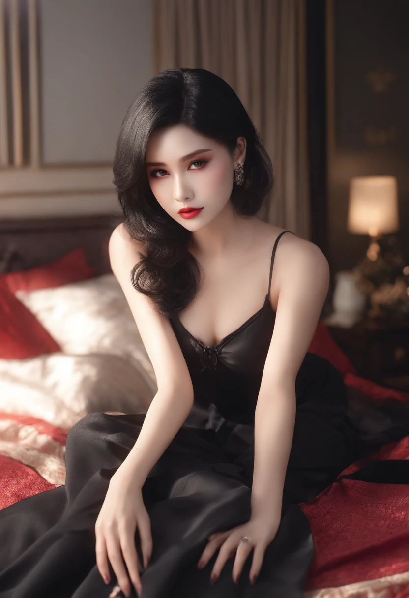 ((of the highest quality, 8K, masutepiece: 1.3)), Beauty, hide face, 1 girl, Beautiful: 1.3, Slender Abs: 1.1, Camisole, cleavage, Short black hair , (While sitting on the bed), hyperdetailed face, very detailed lips, Detailed eyes, Double eyelids