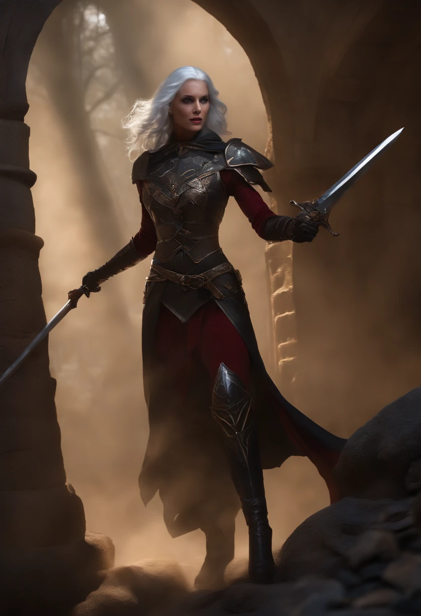 (2 personnages), (Duo sale), A beautiful athletic female drow paladin(Elfe ????), ((frapper son ennemi au visage avec son bouclier:1.4)), (forte frappe durement au visage avec du sang jaillissant:1.4), Shieldbash, The sword in the other hand, Very dynamic pose, corps fort et grand, peau noire comme le charbon, yeux rouges brillants, (Porter une armure en cotte de mailles), Personnage en action, shot from below, Plan large,, Art fantastique underdark, Contexte de la terre souterraine de Menzoberanzann, lighting cinematic, highly detailed, Best quality, Masterpiece, 8k