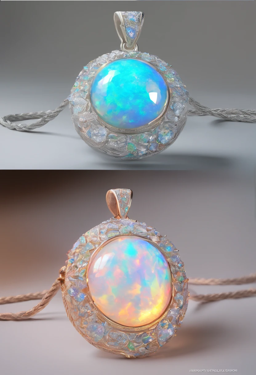 Unique silver-encrusted opal pendant，White isolation leather rope, Award-winning studio photography, Professional color grading, Soft shadows, no contrast, clean sharp focus, focus stacking, Digital photography, 8K