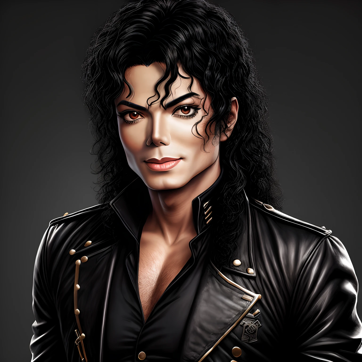 a Michael Jackson  with (black hair), classic heroism style, looking fixedly at the camera, classic heroism style, fantasy, great UHD quality, realistic style.