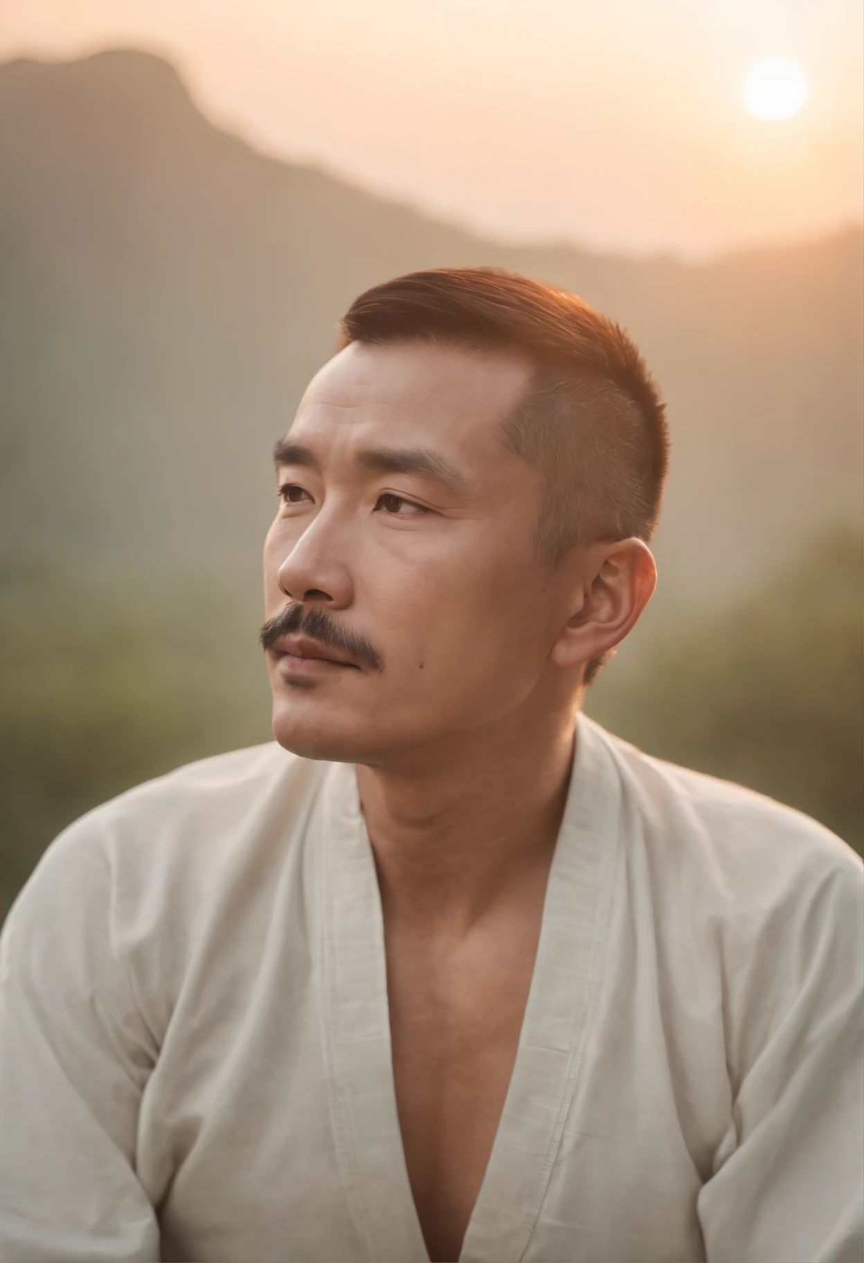 Chinese men，Close your eyes，white mustache， sitting in a meditation position,  As the sun sets, Related to the sacred, Portrait photos,  8K surrealism,