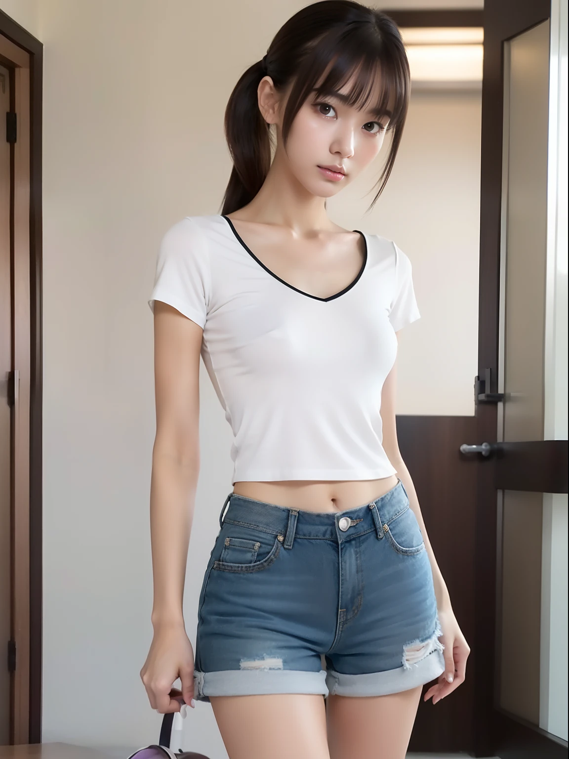 Walking，年轻，(shortpants)，white t-shirts，teens girl，Delicate body，ite body，Delicate body，small tits，tiny chest，Short，A dark-haired，Twin-tailed，poneyTail