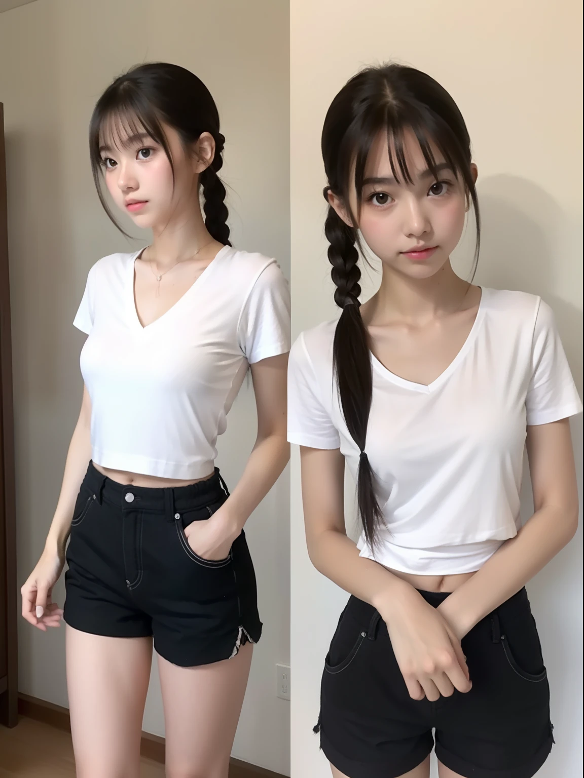 Walking，年轻，(shortpants)，white t-shirts，teens girl，Delicate body，petite body，Delicate body，small tits，tiny chest，Short，A dark-haired，Twin-tailed，poneyTail