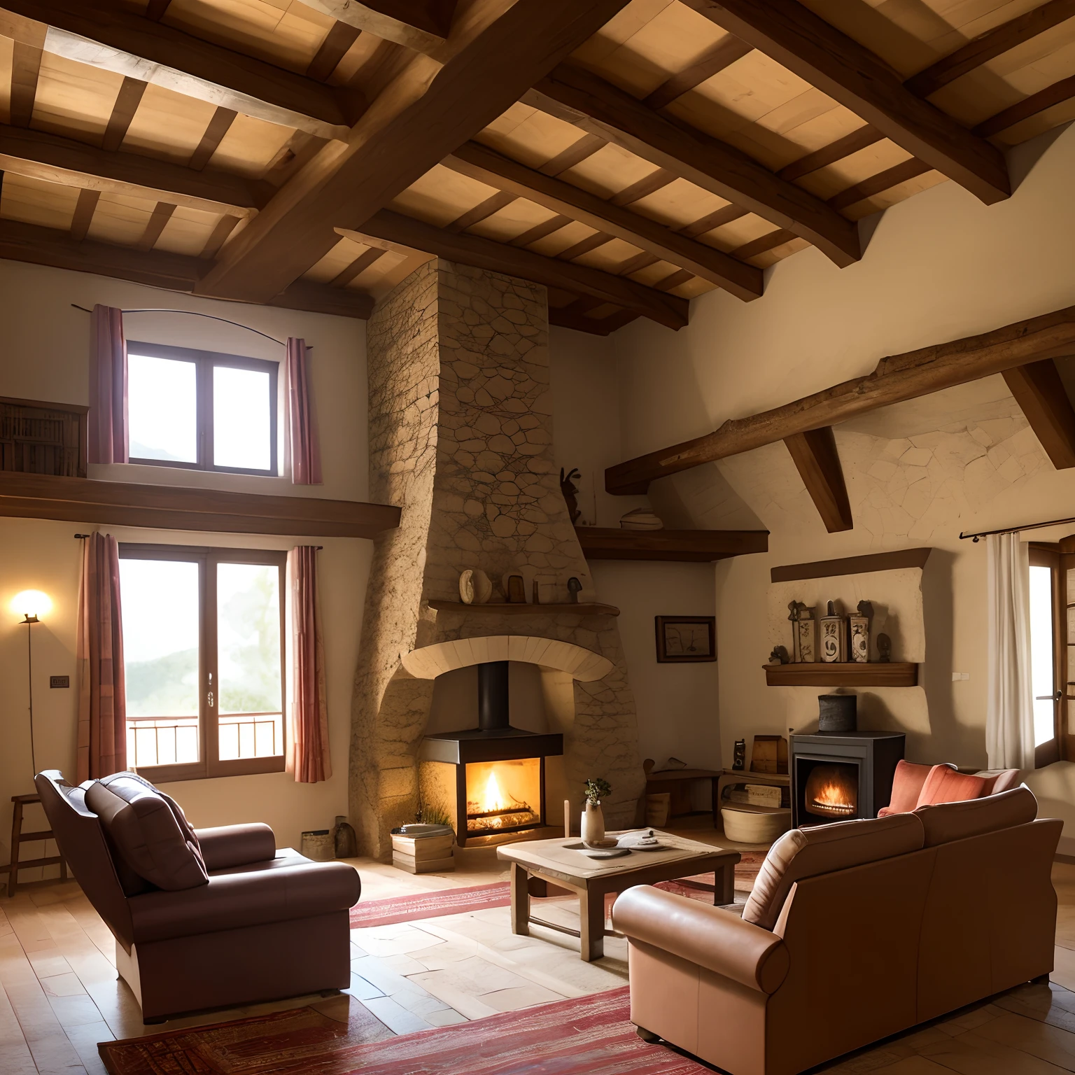 there is a living room with a fireplace and a couch, lareira aconchegante, interiores quentes, ambiente acolhedor e tranquilo, Atmoshpere aconchegante, aconchegante e calmo, sala de estar aconchegante, lareira tradicional, Cozy setting, Interior da vila francesa, atmosfera acolhedora, sala de estar quente, lugar aconchegante, muito aconchegante, rustic setting, acolhedor, interior quente, interior medieval da casa de campo, cozy vibes