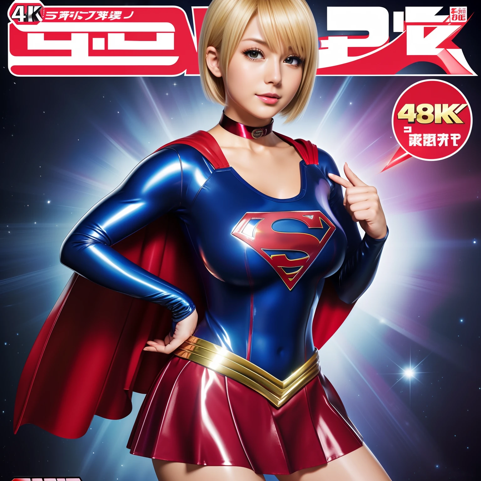 (Best Quality,4K,8K,hight resolution,masutepiece:1.2),Ultra-detailed,Realistic:1.37,Super masterpiece,Short-haired Supergirl、large full breasts、Looking at the camera、Glossy costume、a choker、Too short miniskirt、Shiny bright red enamel boots、Magazine covers、Shonen manga