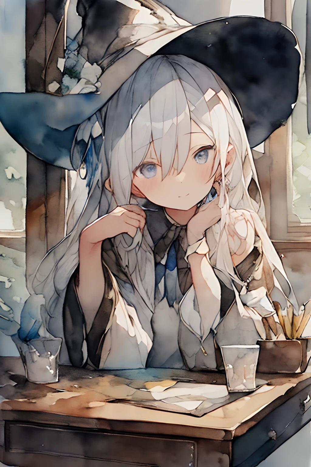(watercolor paiting:1.2),1girl in, 独奏, portraitures, Sateen、bangss, signed, white hair, length hair, Hair between the eyes of a Caucasian, White earrings、barechested、Shoulder、the witch、witch's hat、schools、magic school、Classroom