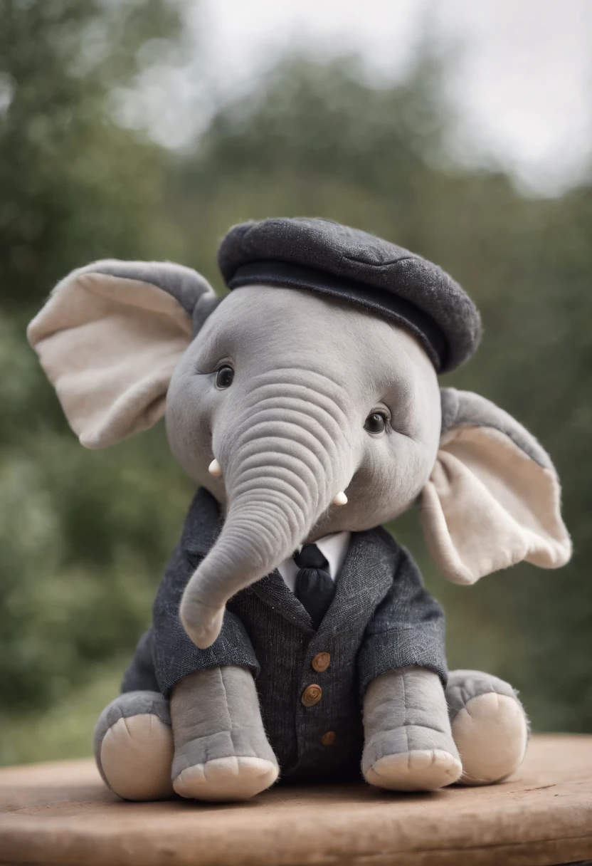Create image of a small gray stuffed elephant wearing Peaky Blinders style clothes
