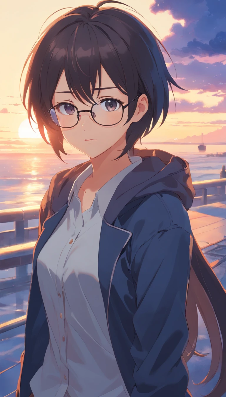 16 yaers old,Libido boy,black color hair,wears glasses,Square frame glasses,gloomily,contemplative,black black jacket,White color blouse,long whitr hair,with long bangs,messed up hair