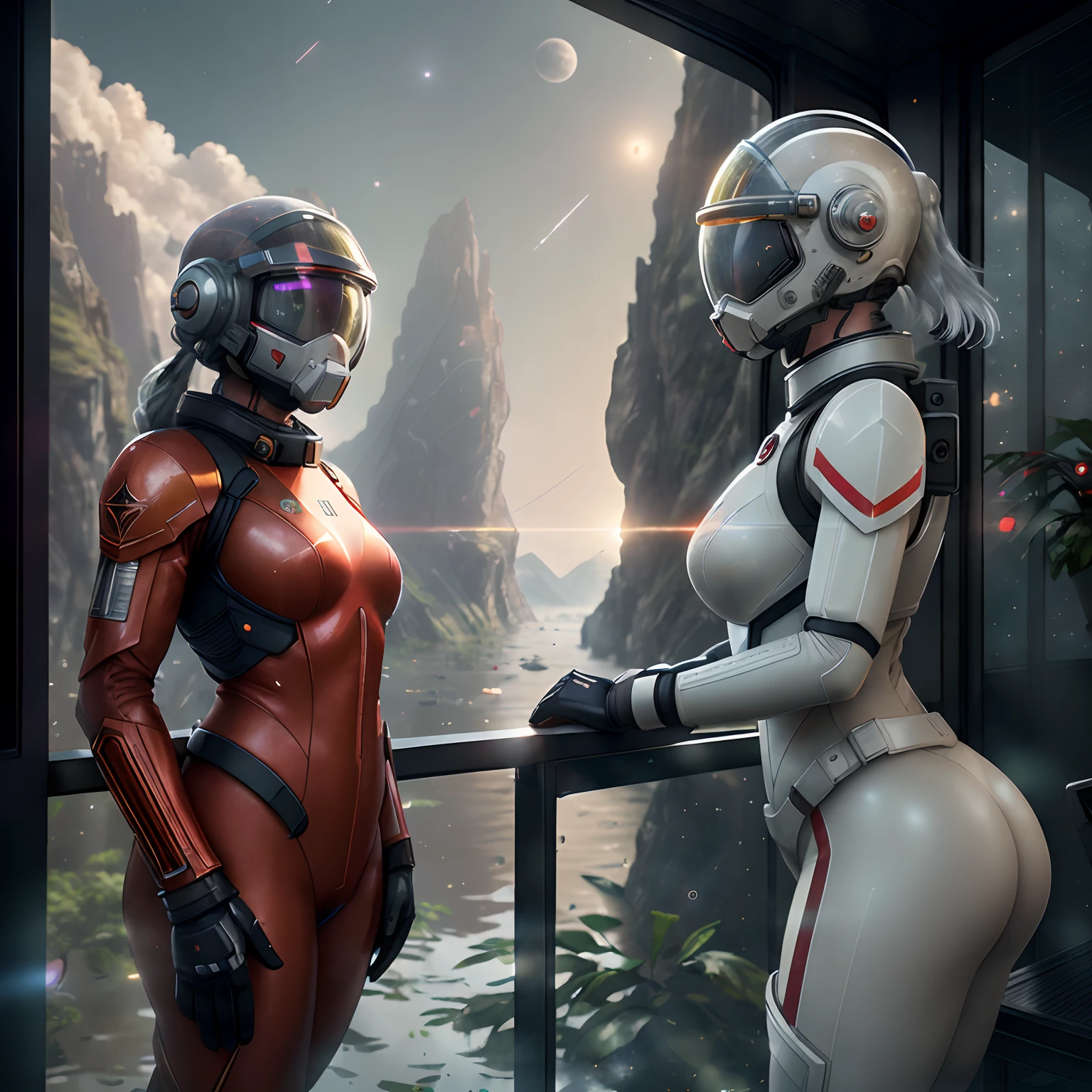 Highly detailed RAW color photographs, back corners, full body, (female space soldier, wearing red and white spacesuits, helmets, colored masks, rebreathers, prominent trophies, China), outdoors, (leaning on a balcony, looking at advanced alien structures), toned body, big ass, (sci-fi), (mountains: 1.1), (lush green vegetation), (two moons in the sky: 0.8), (highly detailed, ultra-detailed, complex), (Lens flare: 0.7), (Flood: 0.7), particle effects, ray tracing, cinematic lighting, shallow depth of field, shot on Sony a9 II, 50mm wide-angle lens, clear focus, motion picture film from gravity 2013