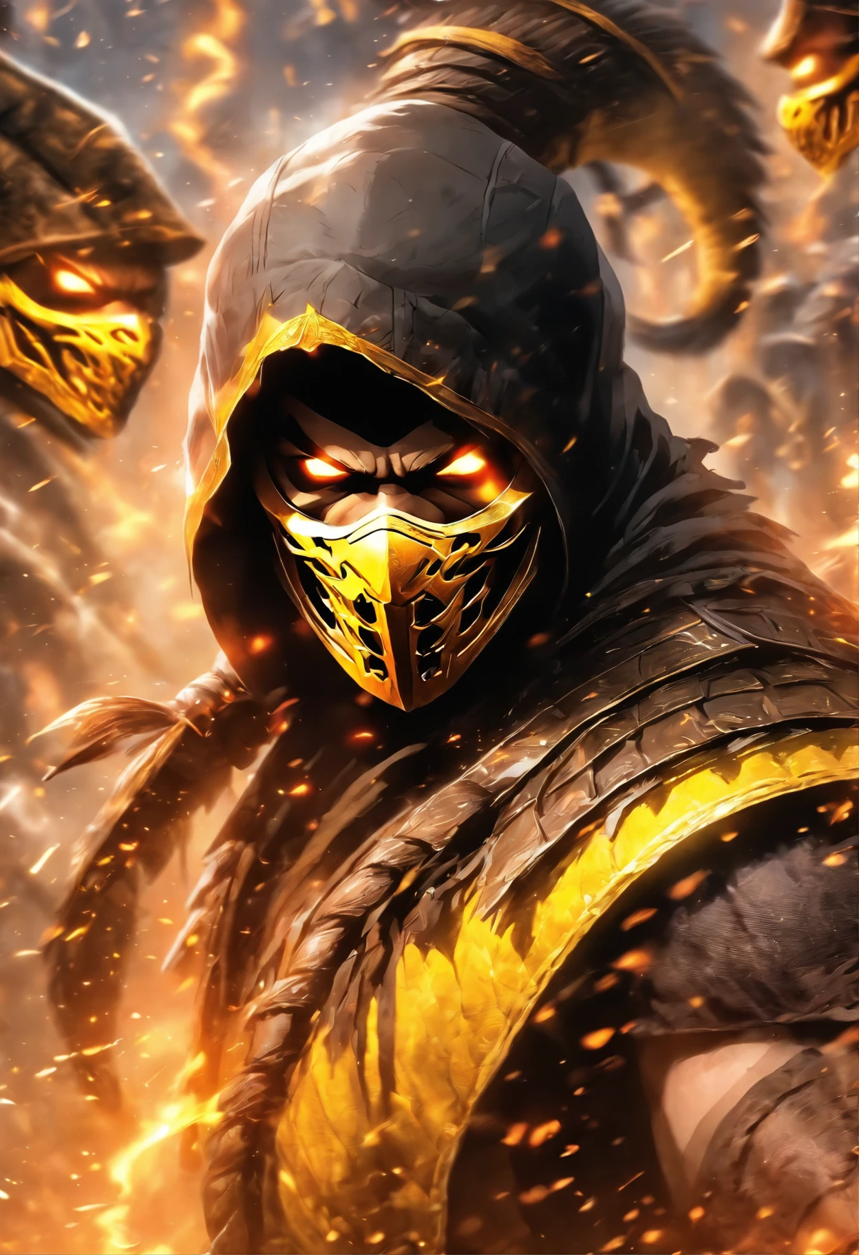 Mortal Kombat Scorpion, white eyes, classic mask, movie 1995, comes out of the forest in the fog, atmosphere of darkness and horror, in the style of illusory portraits, modular, uhd, --ar 71:118 --s 750 --niji 5
