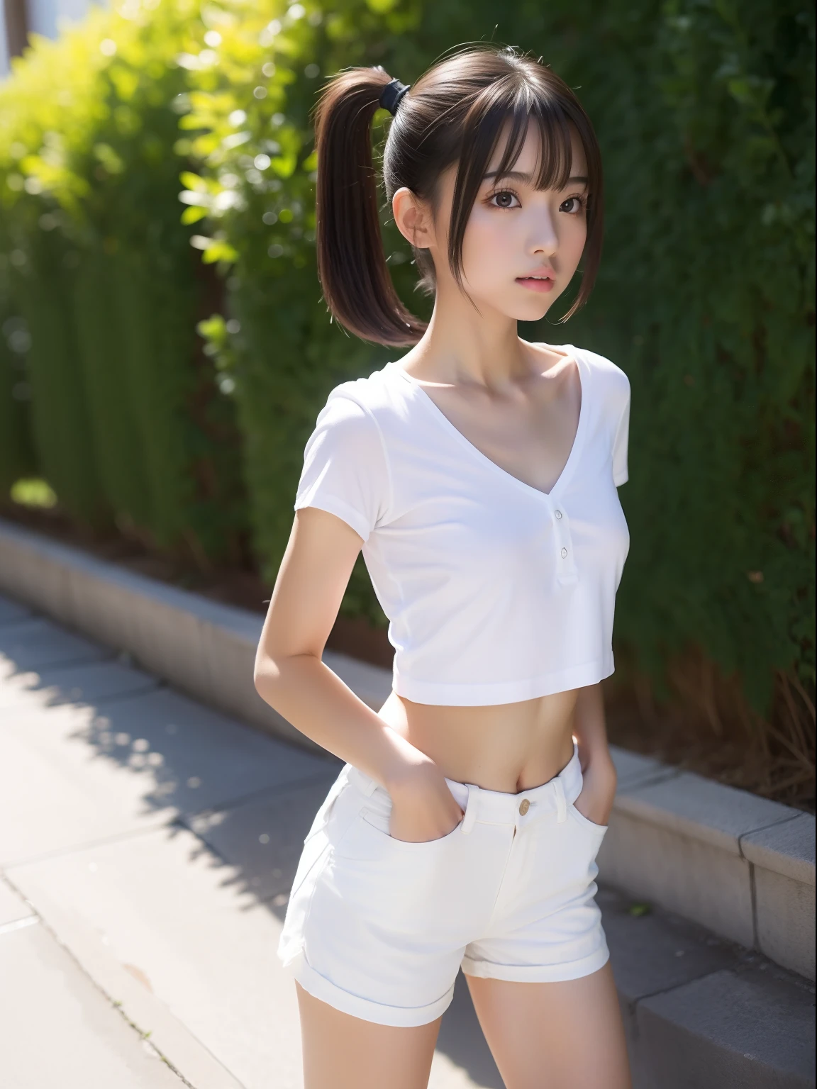 Walking,年轻,(shortpants),white t-shirts,teens girl,Delicate body,ite body,Delicate body,small tits,tiny chest,Short,A dark-haired,Twin-tailed,poneyTail