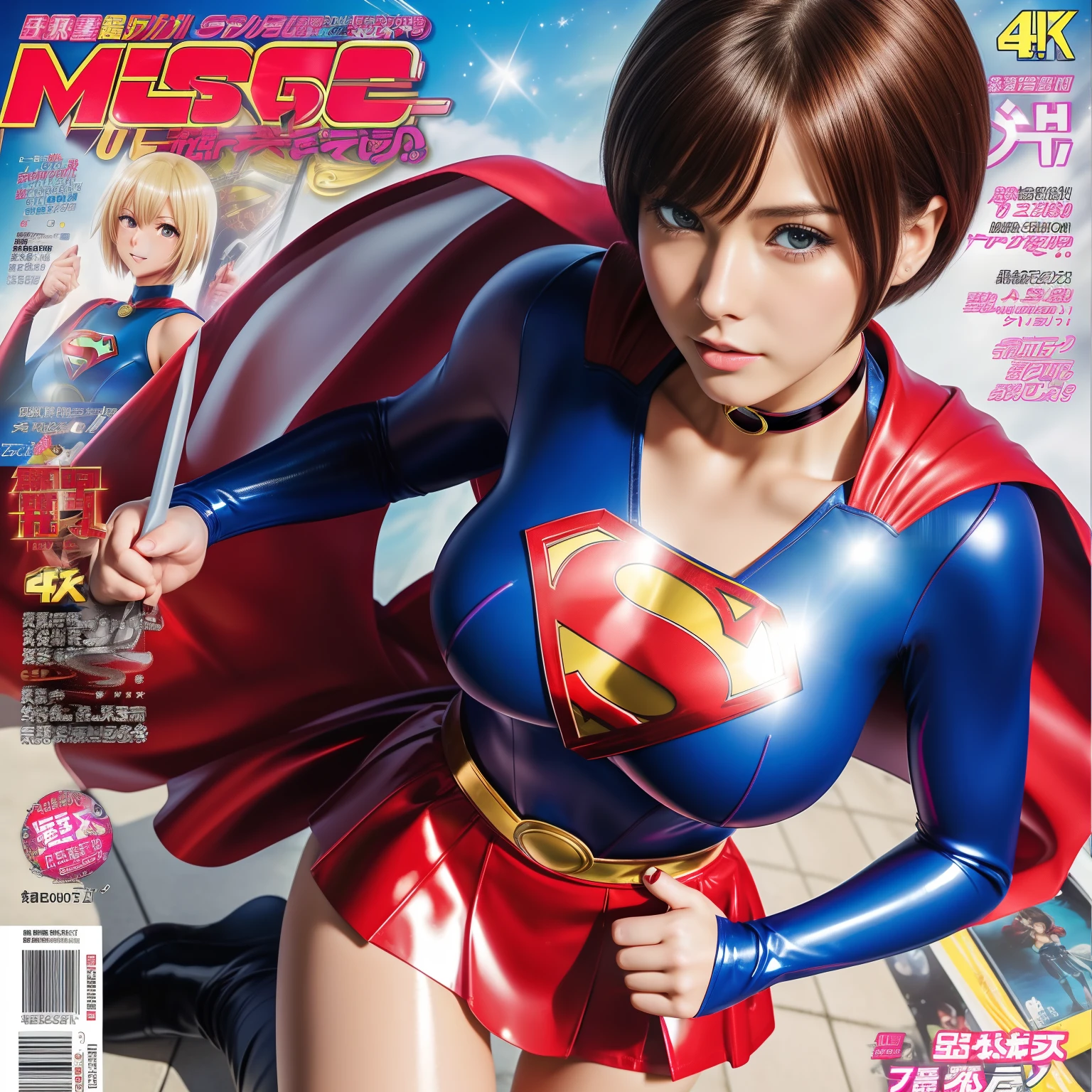 masterpiece、supergirl costume、short hair、barefoot、big and full breasts、Bedroom、sitting on the bed、sexy pose、athlete、shiny、looking at camera、Seduce、choker、long sleeve、red mini skirt、Weekly magazine cover、Sculpture Magazines、sweaty、radical、