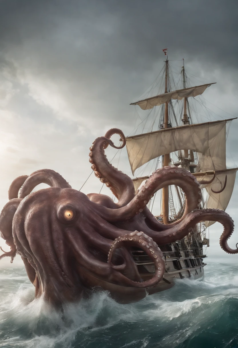 octopus attacking a ship in the ocean with a ship in the background, an album cover by lovecraft, shutterstock, surrealism, cthulhu squid, tentacled creature mix, cthulhu rising from the ocean, photo of cthulhu, leviathan cthulhu squid, cthulu, lovecraftian sea creature, giant octopus, kraken, cephalopod, cthulhu mythos, tentacle monster