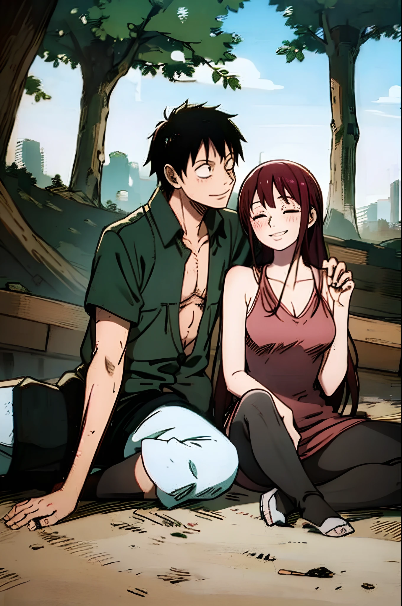 makima, luffy, couple, husband and wife, lovey dovey couple being happy in picnic, hug,