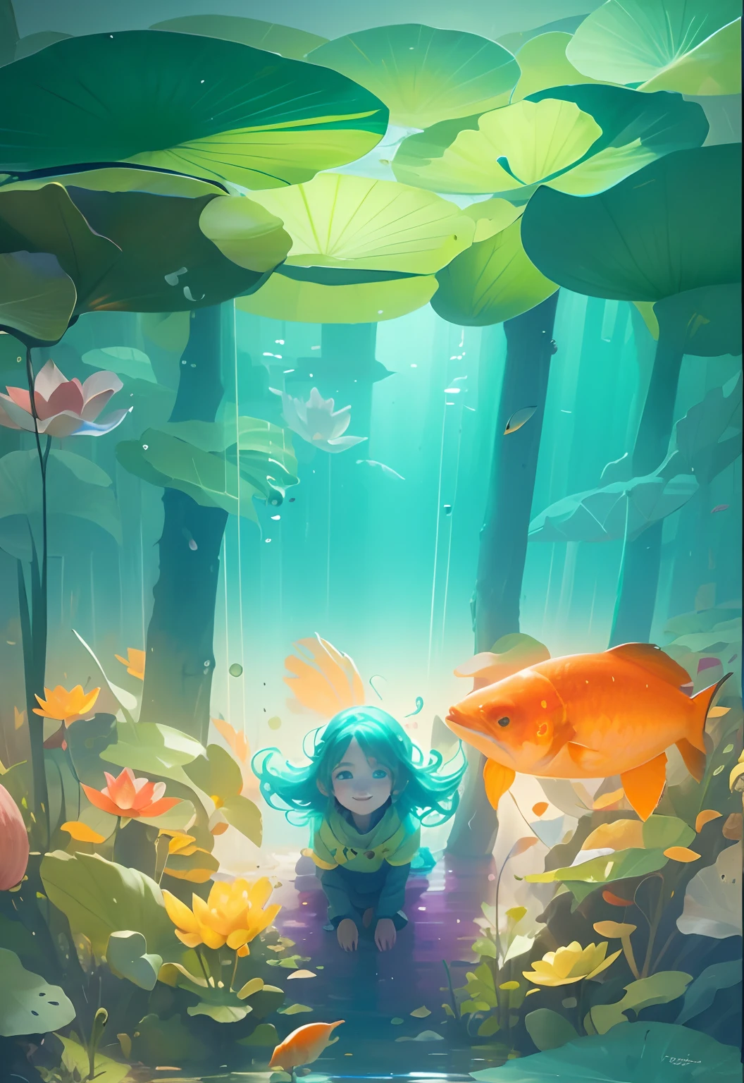 Extreme color，Underwater，One  Girl，Above the surface of the water are lotus leaves，There was a lot of light rain and water grass around，big breasts beautiful，Colorful，The girl smiled，There are a lot of colorful little fish，There are some aquatic plants underwater，Two-headed girl，Q version characters，5-7 years 