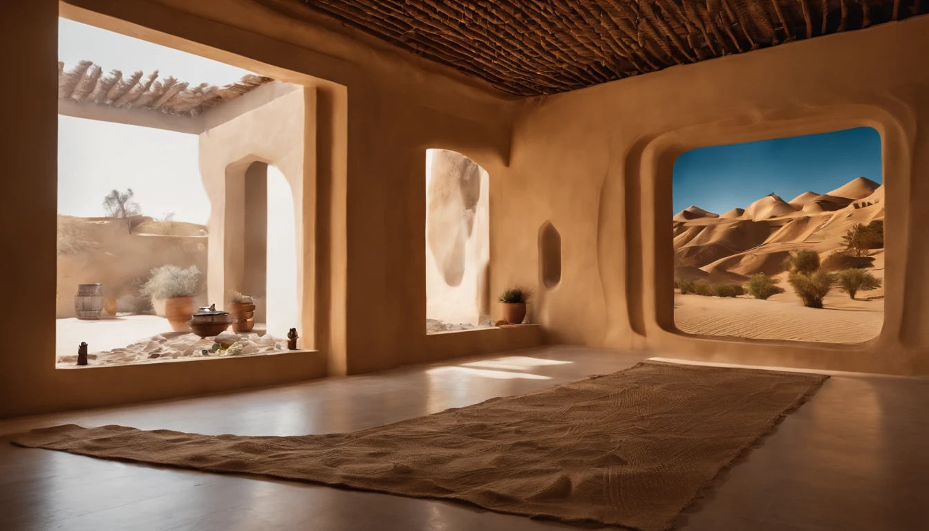 desert with camels projection on walls, borderless, rectangular mirror indoor space, with lights, traditional arabic patterns, rectangular indoor space, all four walls are projections, chill out, desert storm, UAE, the space is cut into an arabic desert, Arabic patterns, oasis with water and trees, exhibition, museum