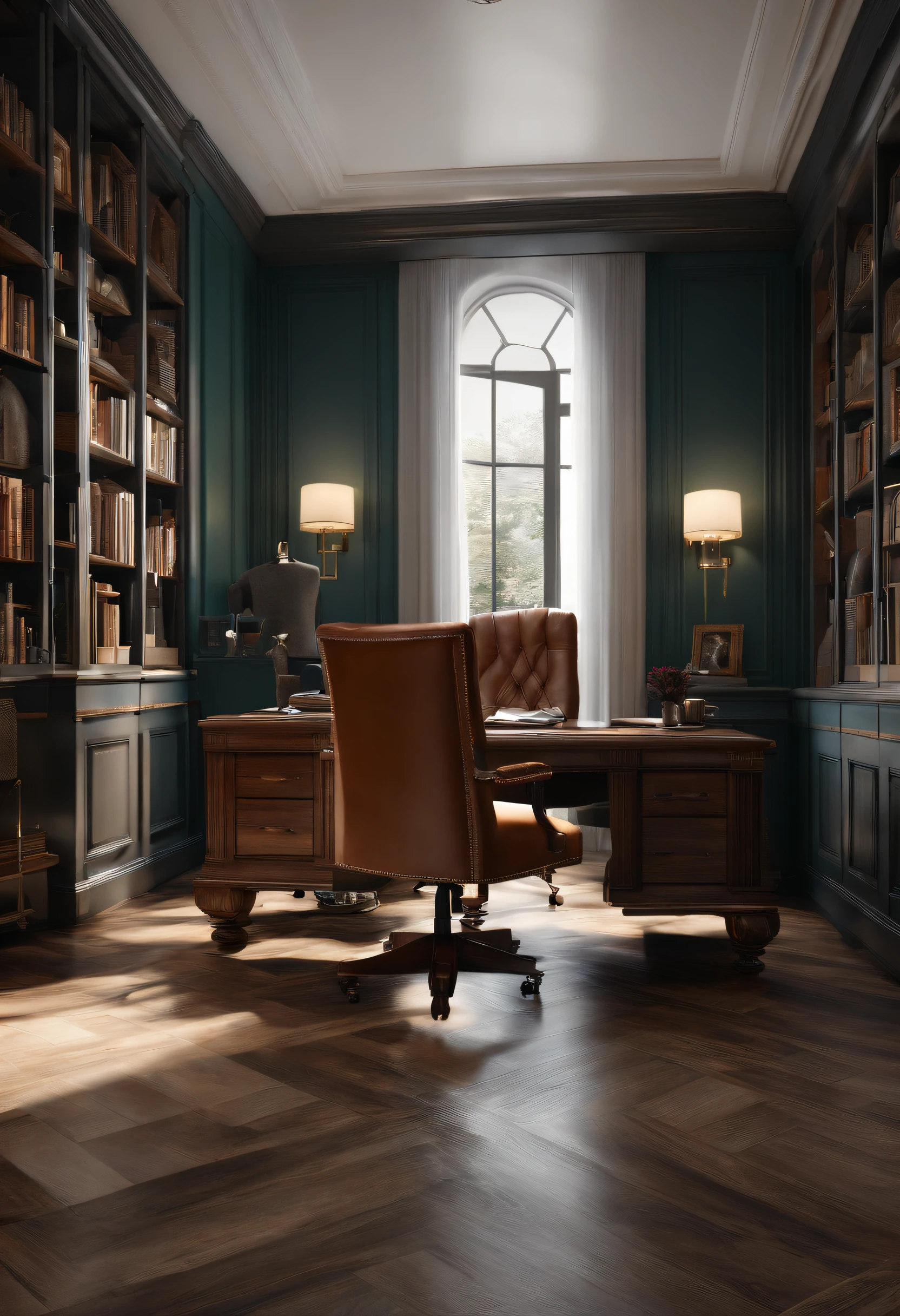 home office room, desk, chairs, Aligoudarz Stone on floor, hyper realistic, high detailed, 8k