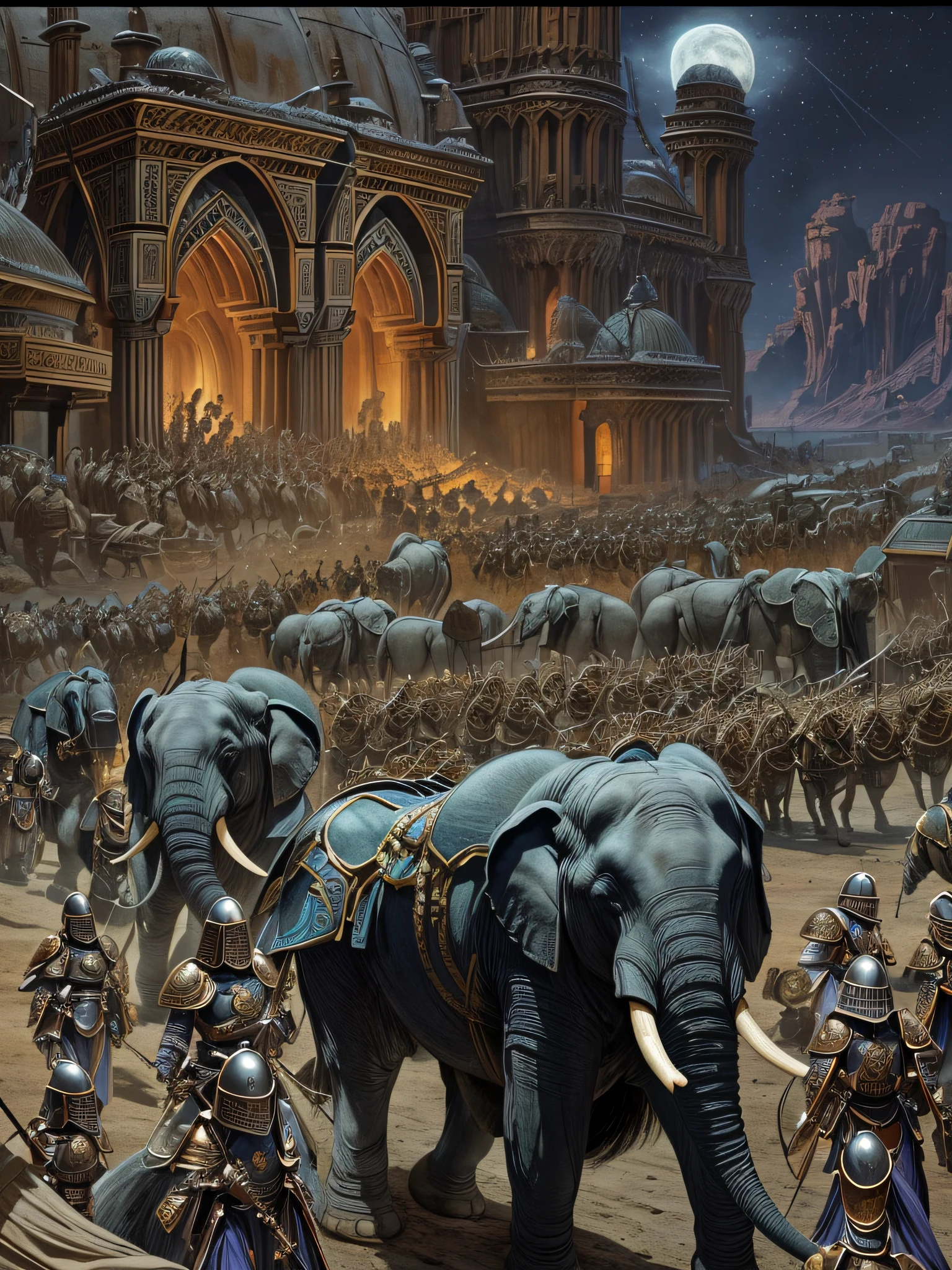 cinematic scene of a cavalcade of a Negus Empire army of fierce ancient Military Loxodonta cyclotis Elephant troops, heavy armor ornated, marching towards an ancient Arabian city, at night, detailed big silverish full moon, masterpiece digital arwork of Don Lawrence, art by Frank Bellamy and Shirow Masamune, perfect composition, beautiful detailed intricate insanely detailed octane render trending on artstation, 8 k artistic photography, photorealistic concept art, soft natural volumetric cinematic perfect light, chiaroscuro, award - winning photograph, masterpiece, oil on canvas, raphael, caravaggio, greg rutkowski, beeple, beksinski, giger