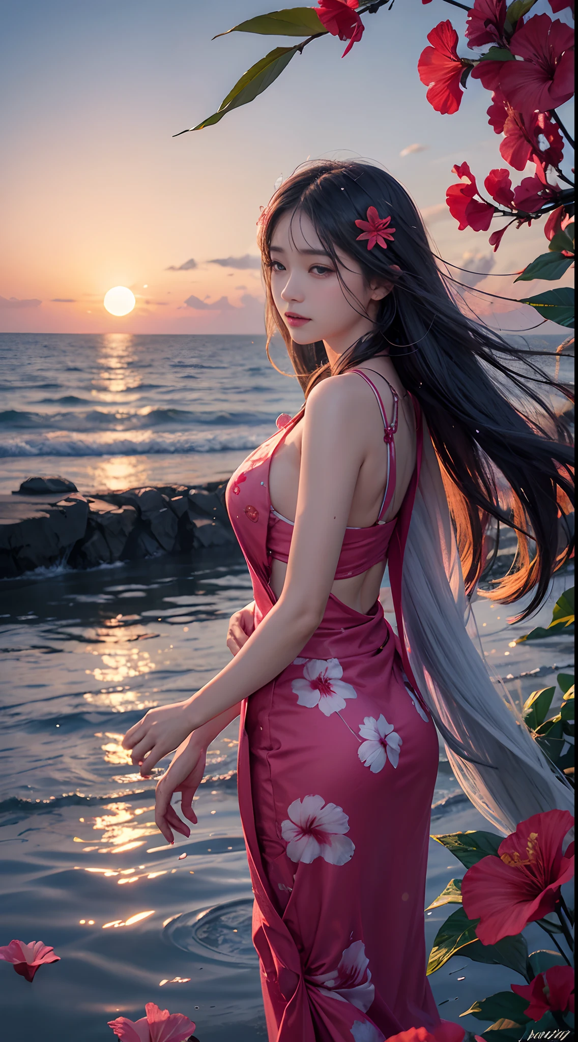 hibiscus Moon with water drops,neonlight,Random background,sunraise,bokha mood,A girl with long flowing hair,The petals fall in the wind,Nikon photo effect