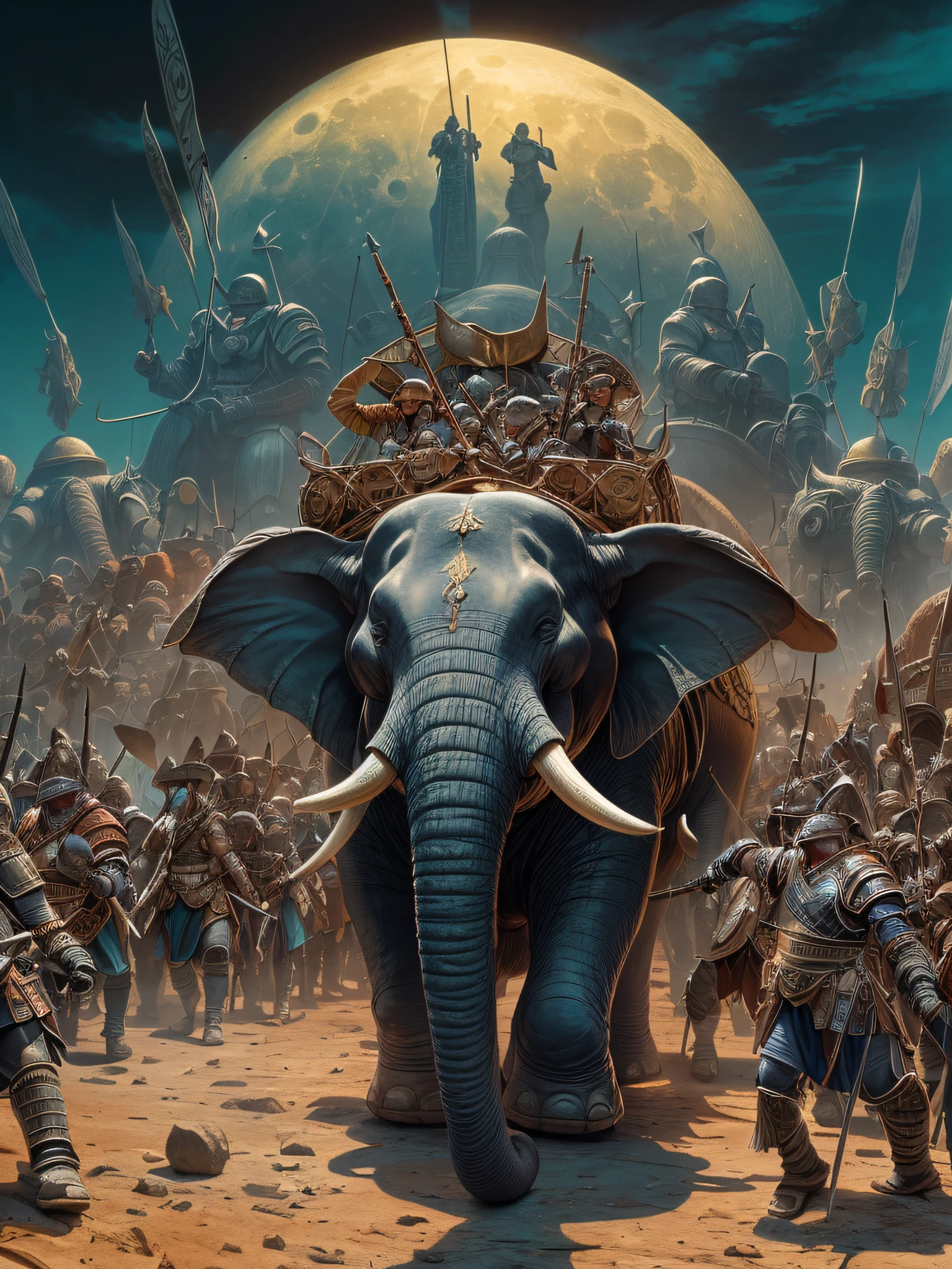 cinematic scene of a cavalcade of a Negus Empire army of fierce ancient Military Loxodonta cyclotis Elephant troops, heavy armor ornated, marching towards an ancient Arabian city, at night, detailed big silverish full moon, masterpiece digital arwork of Don Lawrence, art by Frank Bellamy and Shirow Masamune, perfect composition, beautiful detailed intricate insanely detailed octane render trending on artstation, 8 k artistic photography, photorealistic concept art, soft natural volumetric cinematic perfect light, chiaroscuro, award - winning photograph, masterpiece, oil on canvas, raphael, caravaggio, greg rutkowski, beeple, beksinski, giger