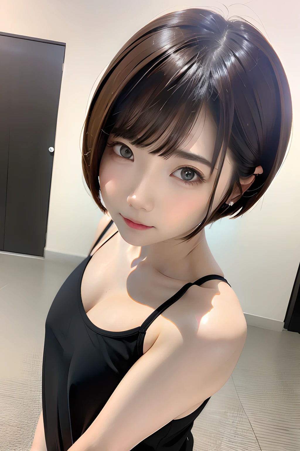 ((NECK SPIKE:1.1)), ((GOTHIC BLACK EYELASHES & LIPS)), ((BLACK LIPS)), ((shorthaircut:1.3)), adorable, 1 girl, (face to face), , baby face, happy, half body portrait, (face details: 1), (eye details: 1), ((tiny breasts)). ((croptank "fiery skull" picture)), ((net stockings)), ((CRAZY NIGHT GOTHIC))