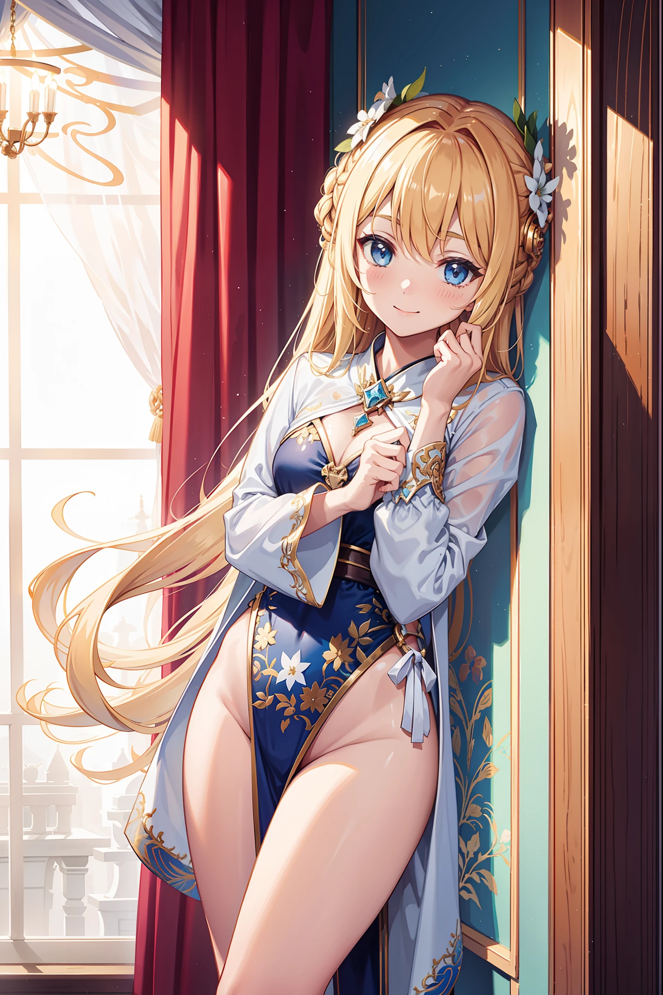 s girl,divino,Enchanted,having fun,Being in love,pale robe,intricate detailed clothes,Pattern,swimming uniform,inside in room,solo person,blond hairbl,