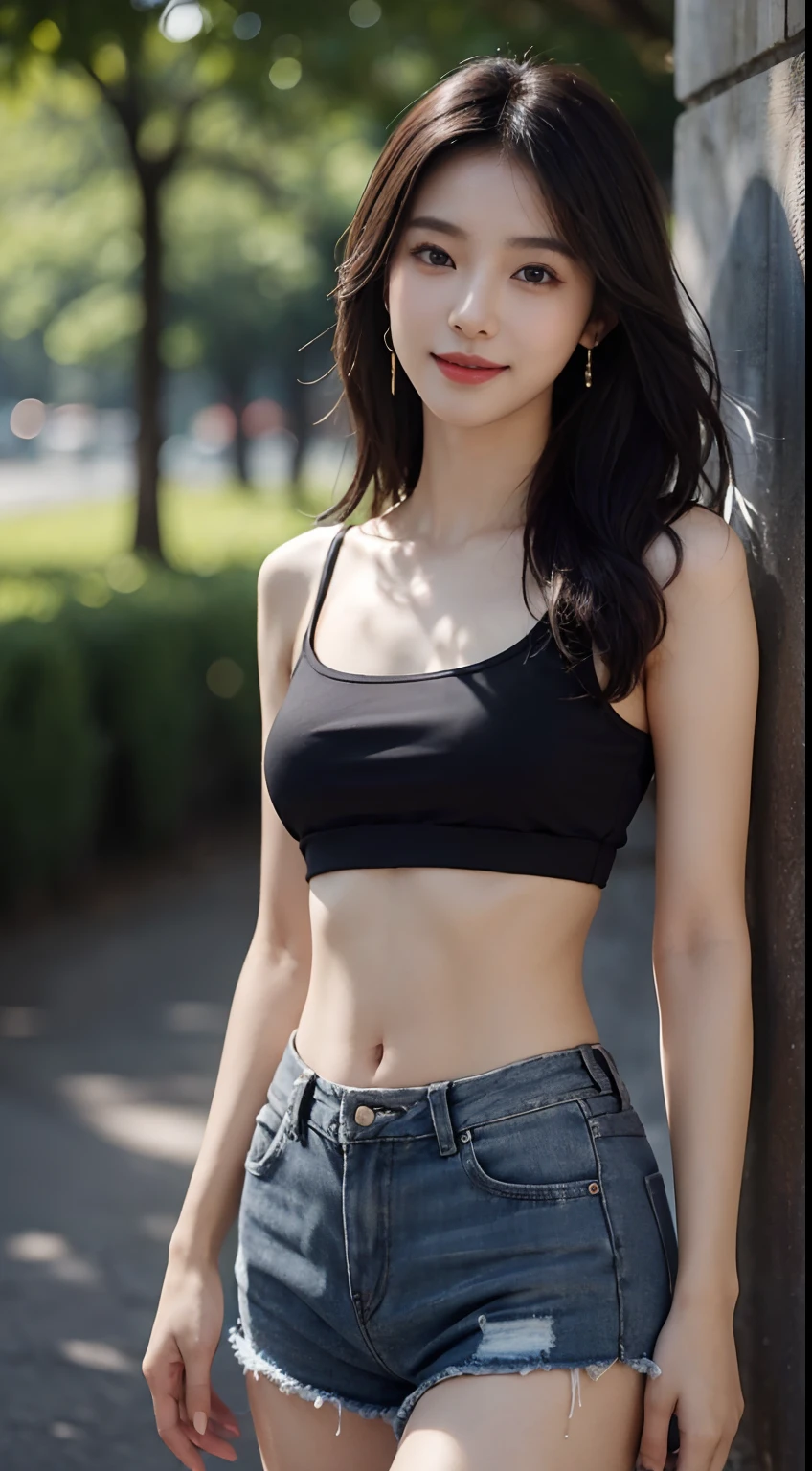 Best quality, masterpiece, ultra high res, photorealistic, Beautiful woman, shorts, crop-top, black hair, almond eyes, smile, pale skin, bokeh