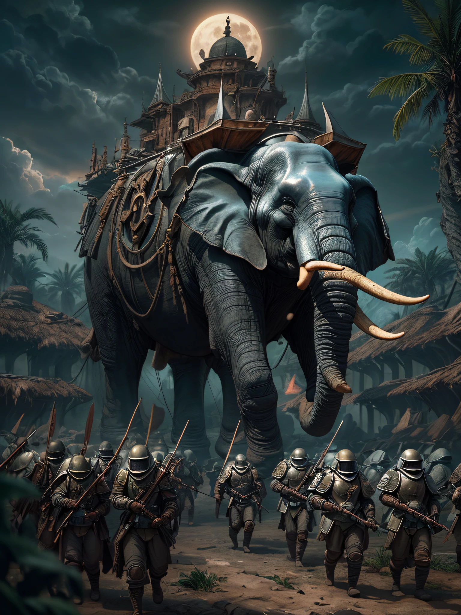 cinematic scene of an army of fierce ancient Military Loxodonta cyclotis Elephant troops marching towards an ancient city, at night, detailed big silverish full moon, ornate, masterpiece digital arwork of Don Lawrence, art by Frank Bellamy and Shirow Masamune, perfect composition, beautiful detailed intricate insanely detailed octane render trending on artstation, 8 k artistic photography, photorealistic concept art, soft natural volumetric cinematic perfect light, chiaroscuro, award - winning photograph, masterpiece, oil on canvas, raphael, caravaggio, greg rutkowski, beeple, beksinski, giger