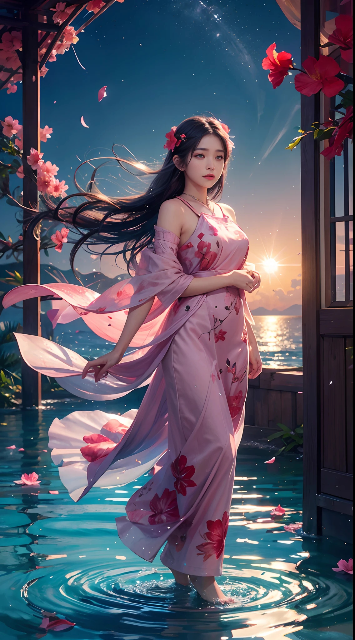 hibiscus Moon with water drops,neonlight,Random background,sunraise,bokha mood,A girl with long flowing hair,The petals fall in the wind,Nikon photo effect