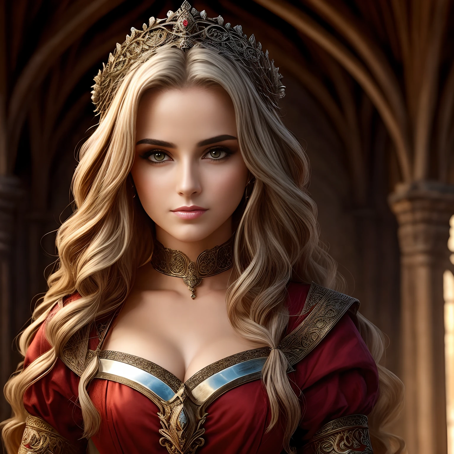 um mulher com cabelo ruivo, de estilo medieval, staring at the camera, estilo medieval fantasia, great UHD quality