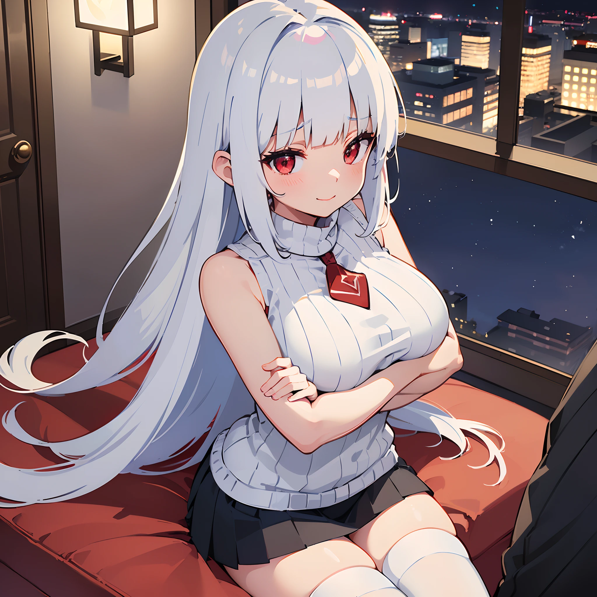 My sister masturbates while sitting on a rooftop bench in Tokyo late at night、I feel so good that I close one eye、she has her right hand in her crotch、She is fondling her breast with her left hand、She has her crotch spread、not big breasts、slender、small breasts、modest chest、public hair visible、Completely naked、nude、Loose, medium-long white hair with red mesh、