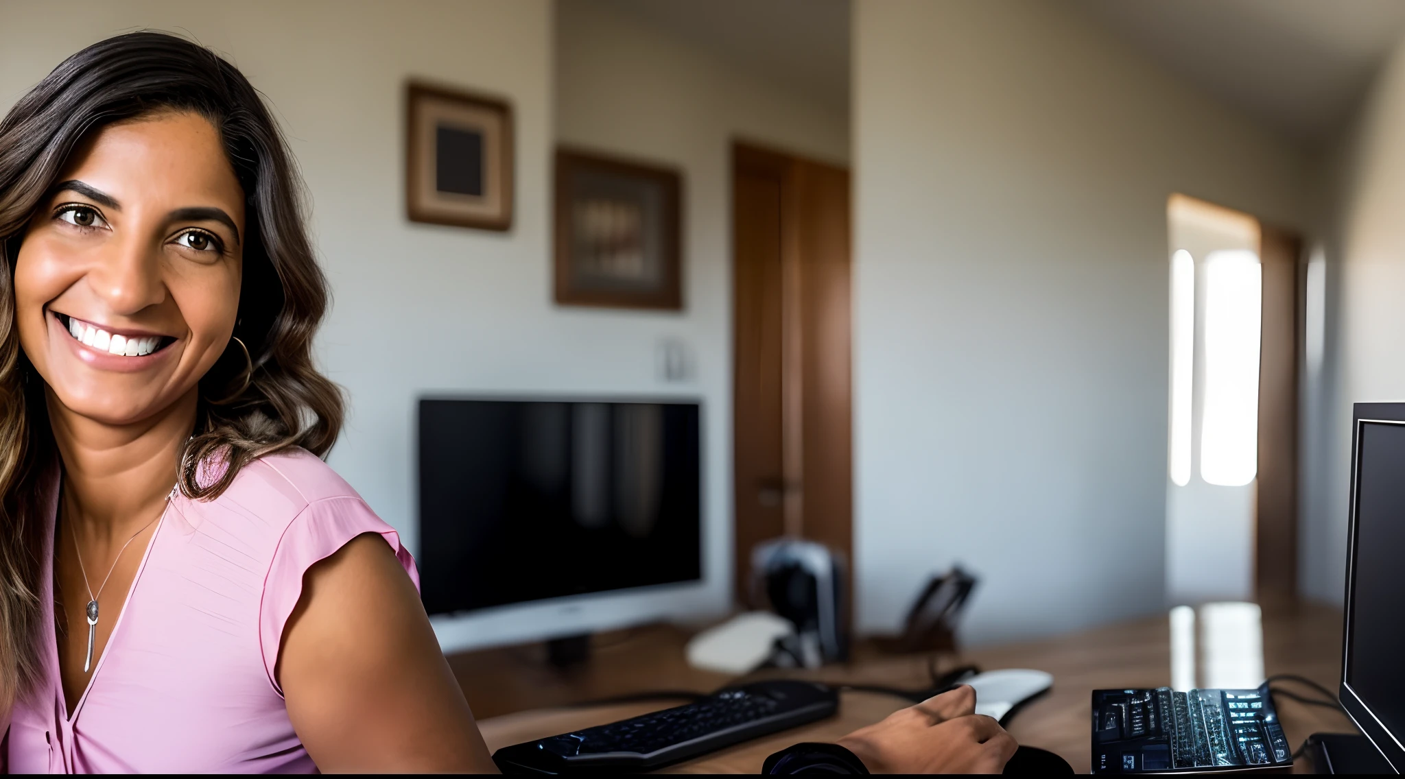 crie uma imagem de uma estudante cabelo longo morena, aproximadamente 40 anos, na frente de um computador, sorridente, ao fundo um quarto de menina com uma janela mostrando dia ensolarado, 8k, fullhd