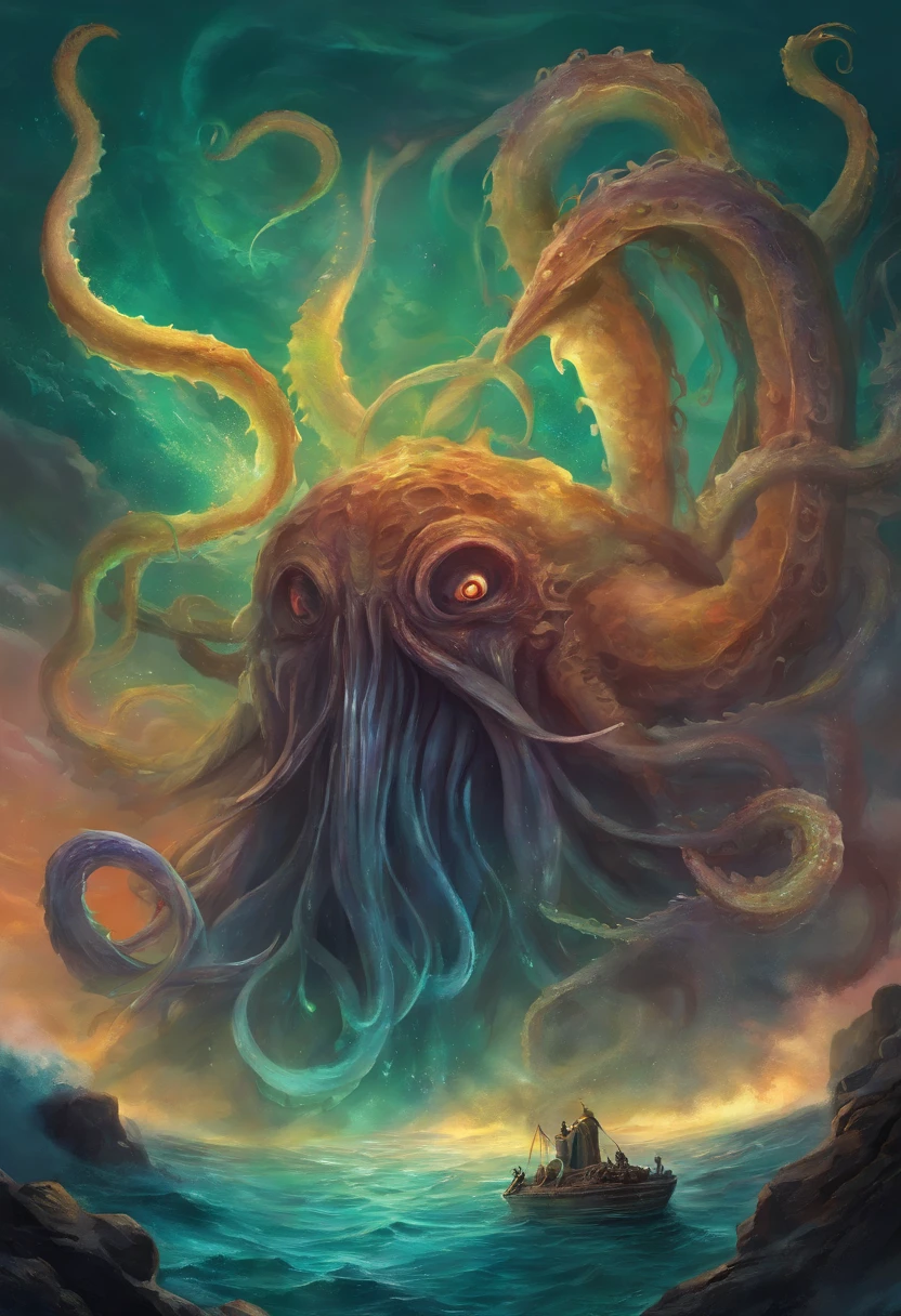 rough sea cosmic terror, with a tentacle coming out of the sky coming to the sea

