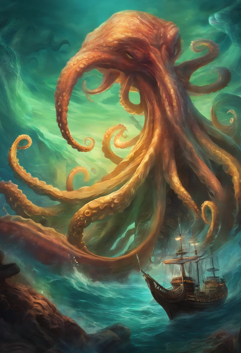 polvo atacando um navio no oceano com um navio ao fundo, An album cover by Lovecraft, Shutterstock, Surrealismo, Lula de Cthulhu, mixture of tentacle creatures, Cthulhu subindo do oceano, foto de cthulhu, leviathan cthulhu squid, Cthulu, Criatura marinha lovecraftiana, Polvo Gigante, fenda, cephalopod, Mitos de Cthulhu, tentacle monster