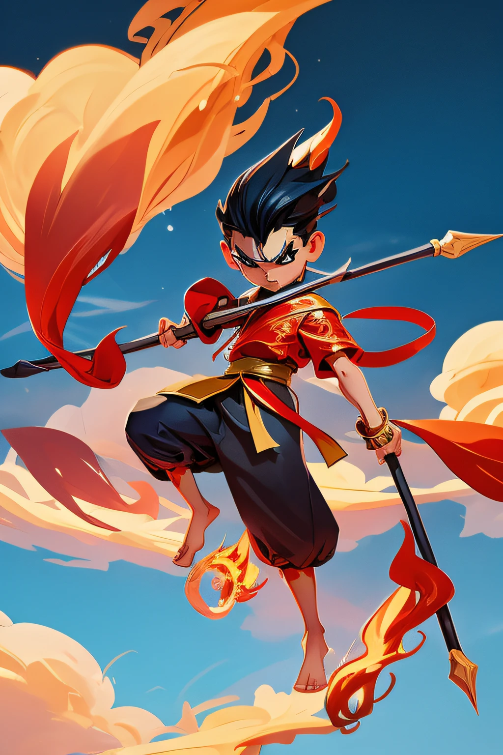 1 boy, angry, holding a spear, (flying), Chinese mythology, cloudy, detailed sky, abstract background, (flame_surge_style:0.5), barefoot, (12 years: 1.5),