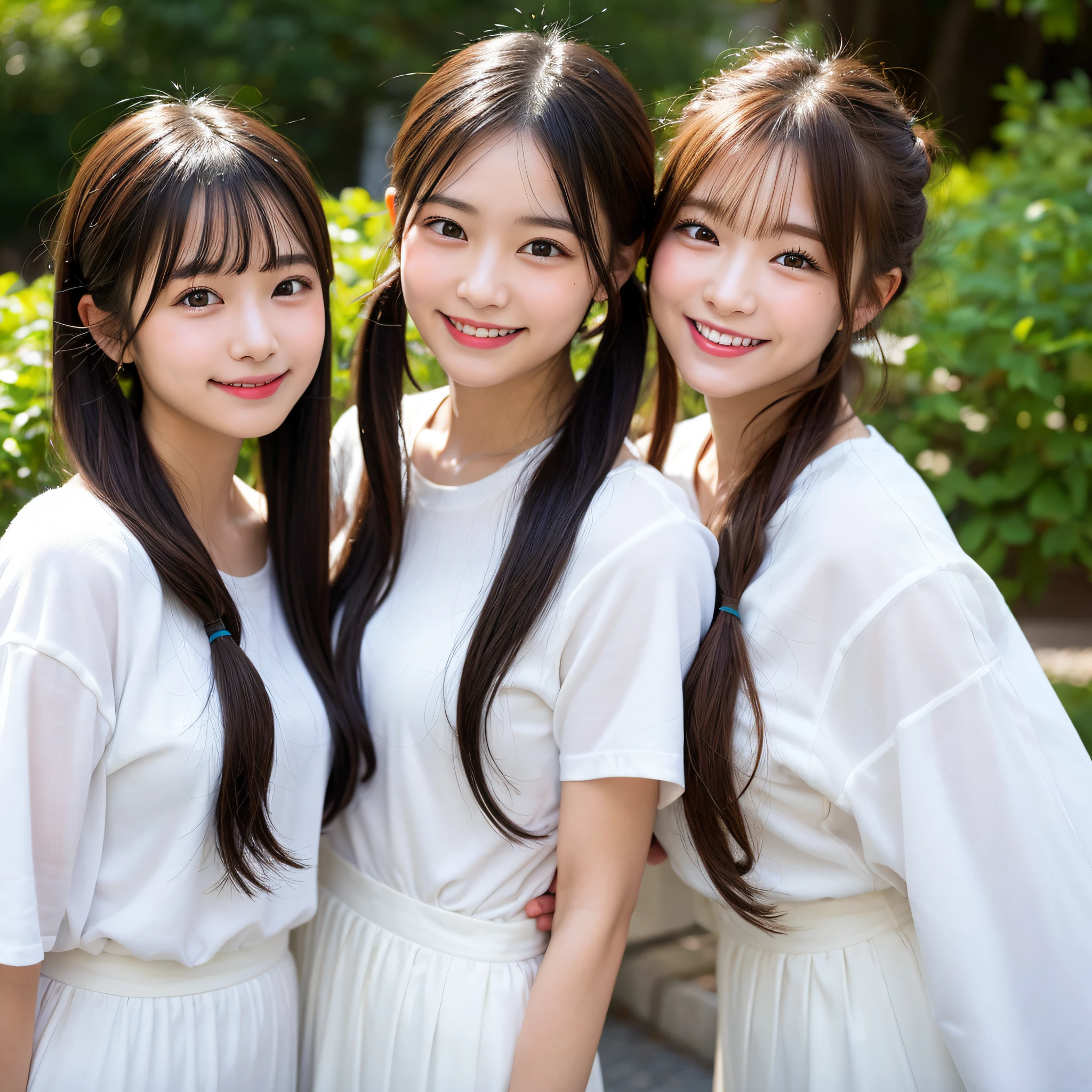 17 age, 2girls, White clothes, Twintail hairstyles、((up of face))、Smiling smile、Natural lips