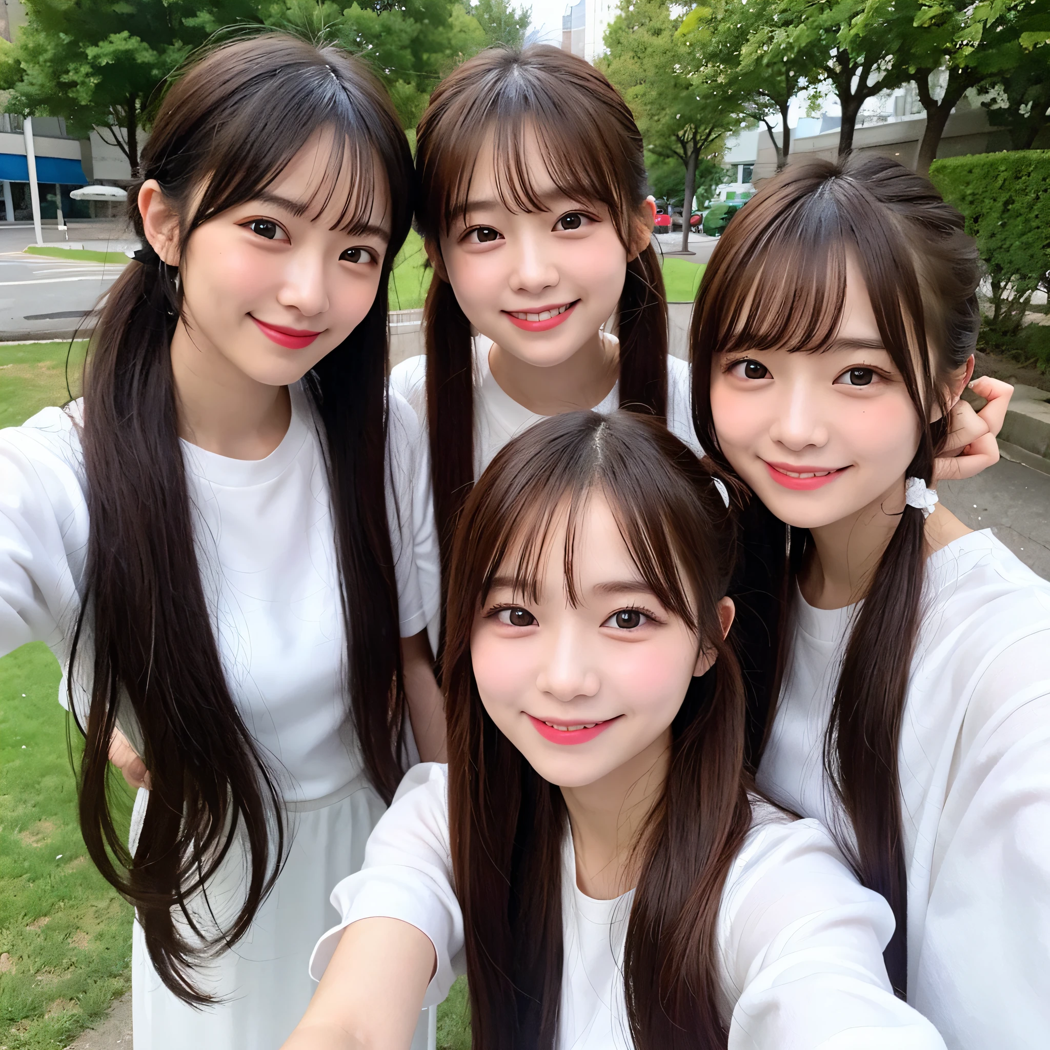 17 age, 2girls, White clothes, Twintail hairstyles、((up of face))、Smiling smile、Natural lips
