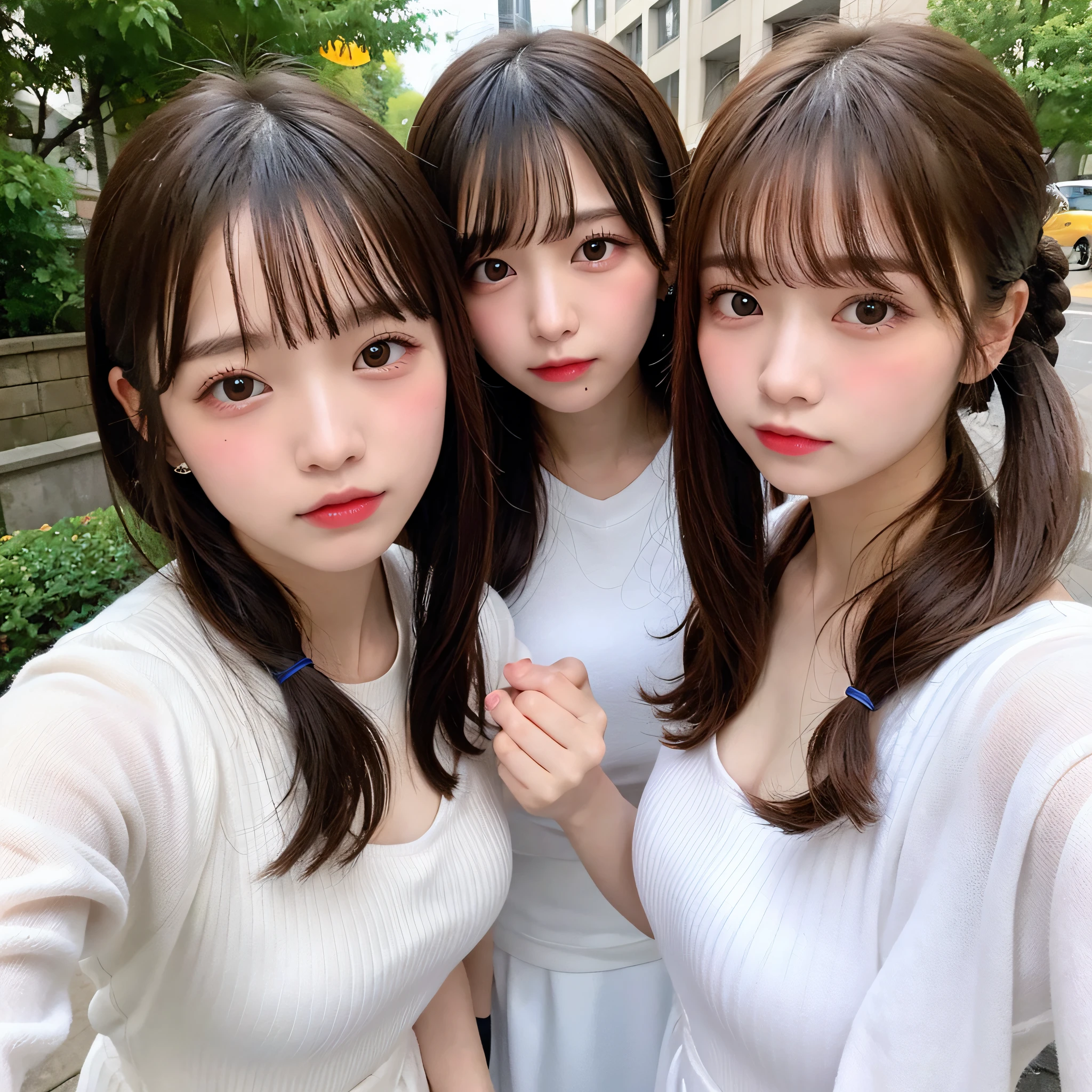 17 age, 2girls, White clothes, Twintail hairstyles,up of face、Glossy lips