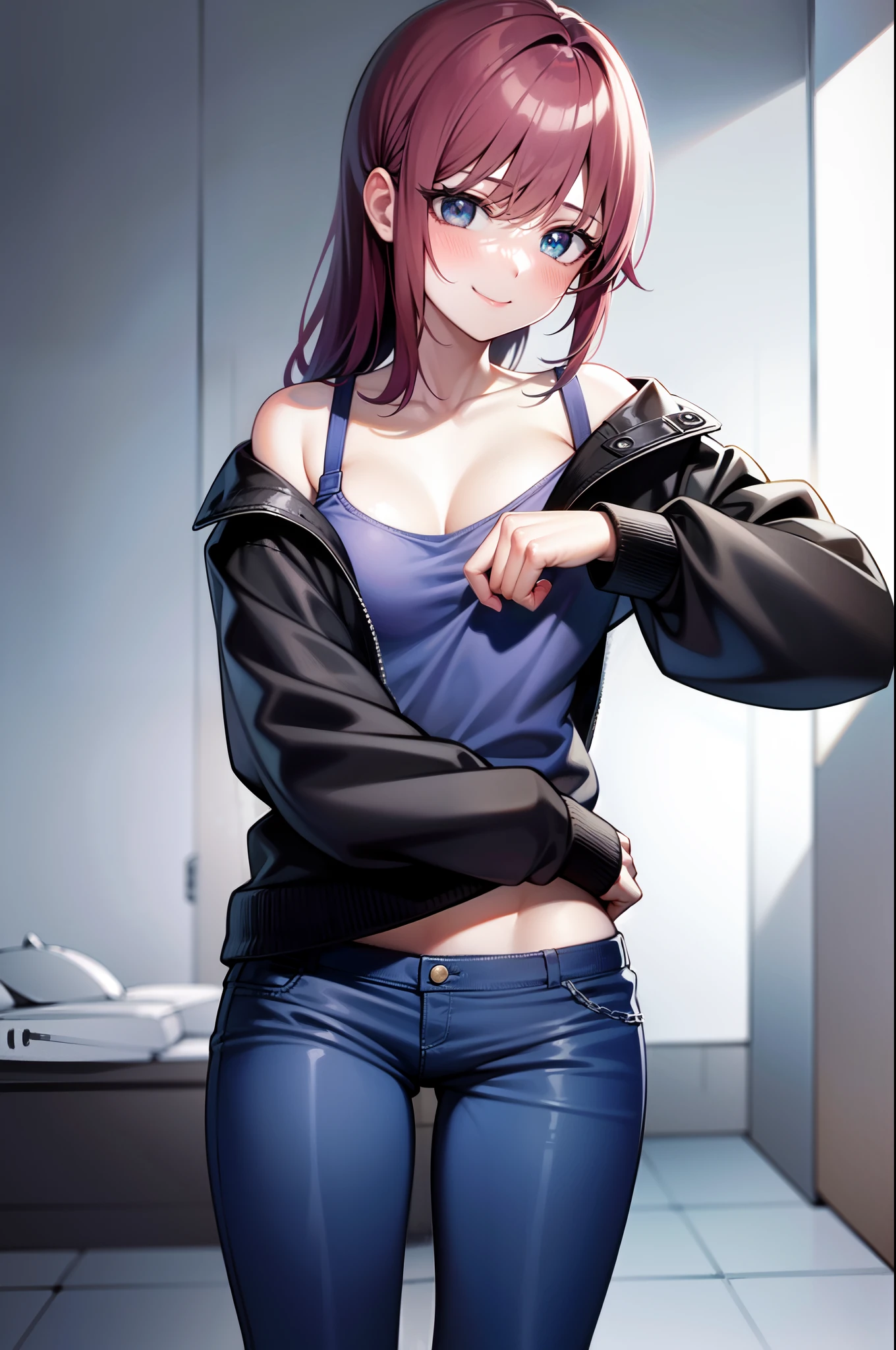 (absurdres, highres, ultra detailed, high resolution: 1.1) BREAK 1girl, solo, smile, BREAK  pants pull, underwear, shirt lift, nice hands, perfect hands,