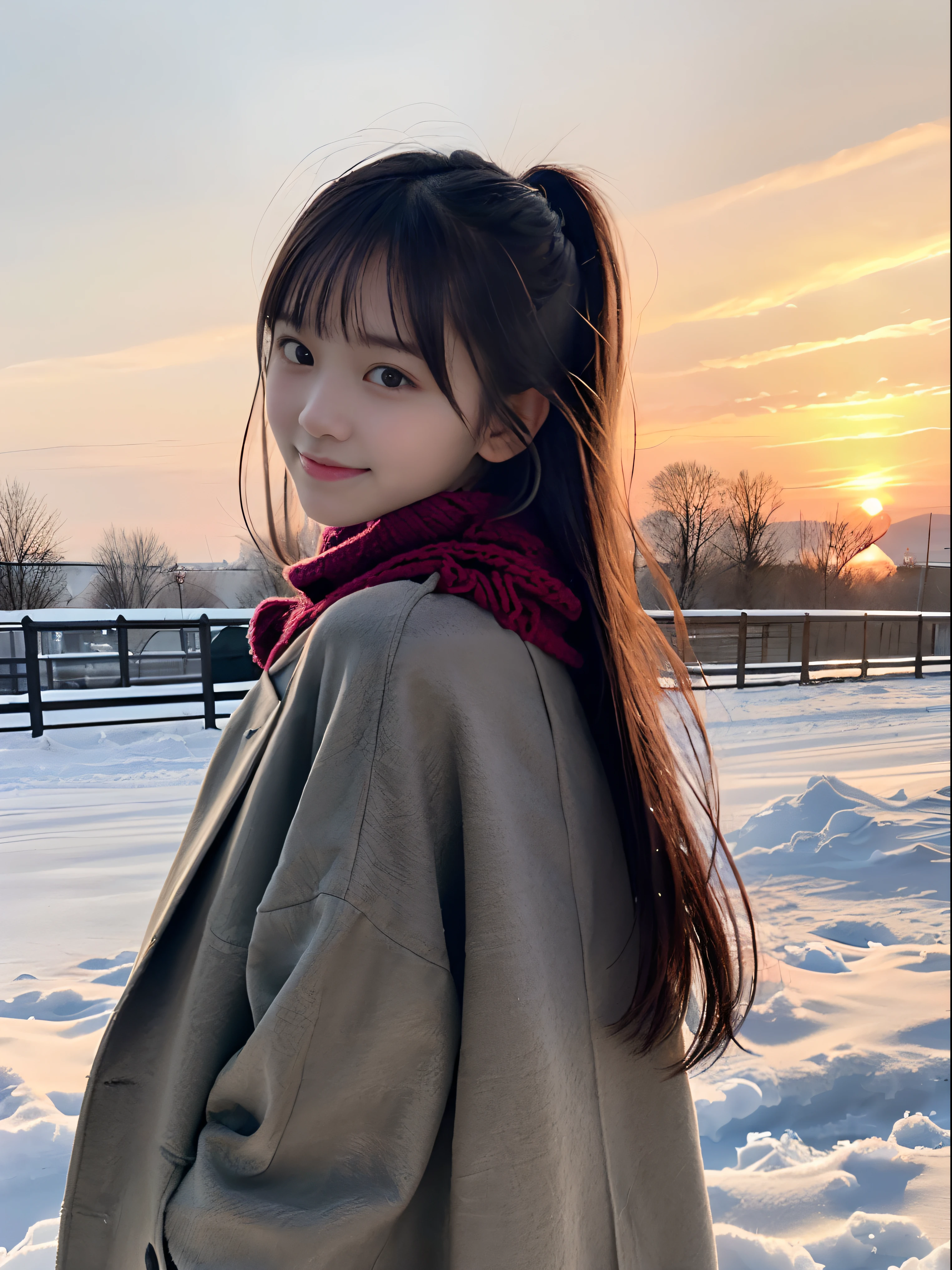 (A close-up portrait from behind of one slender girl has long hair with dull bangs and a scarf coat in winter uniform:1.5)、(One girl turned around with a sad smile with hair fluttering in the wind :1.3)、(Beautiful snowy sunset red sky:1.5)、(Perfect Anatomy:1.3)、(No mask:1.3)、(complete fingers:1.3)、Photorealistic、Photography、masutepiece、top-quality、High resolution, delicate and pretty、face perfect、Beautiful detailed eyes、Fair skin、Real Human Skin、pores、((thin legs))、(Dark hair)