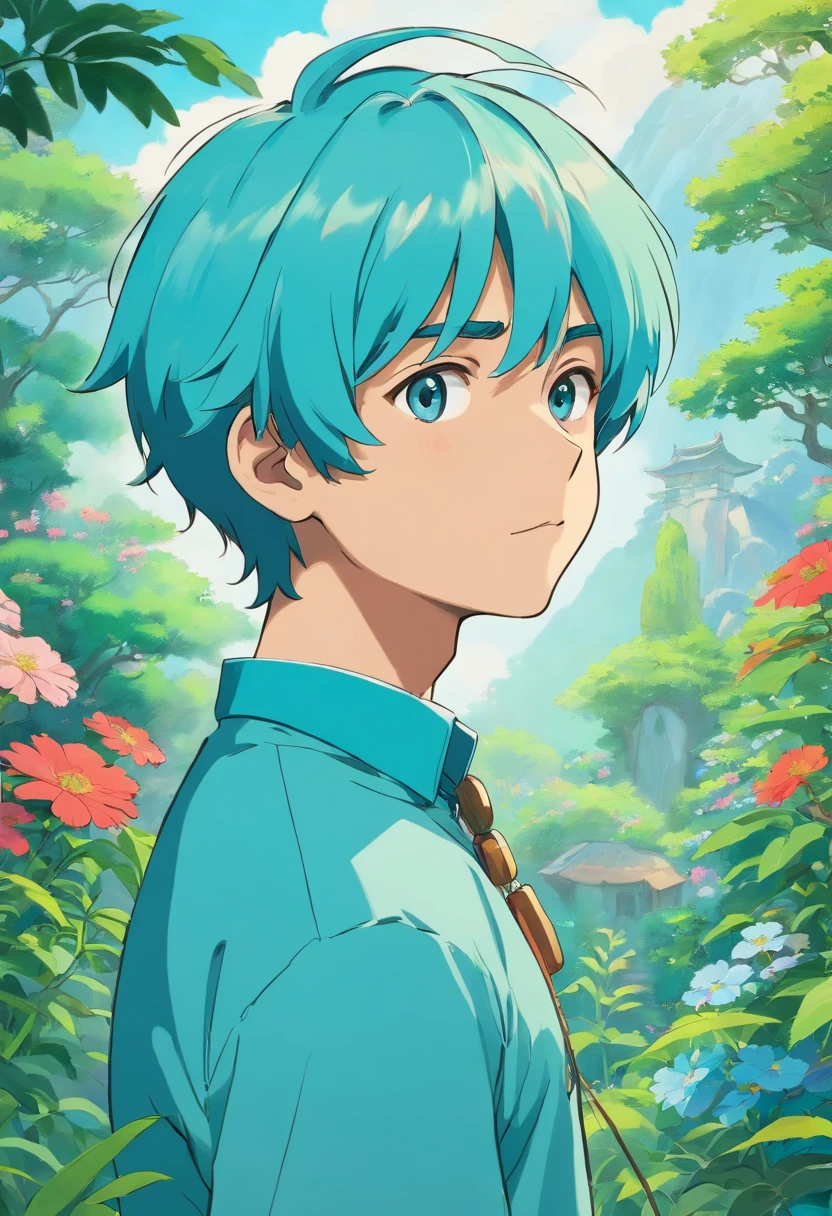 Boy in an anime collar, Long necklace, In the style of a tranquil garden landscape, colorful animation stills, Masami Teraoka, aquamarine, paul gauguin, Embry style, Honest portrayal、rightward