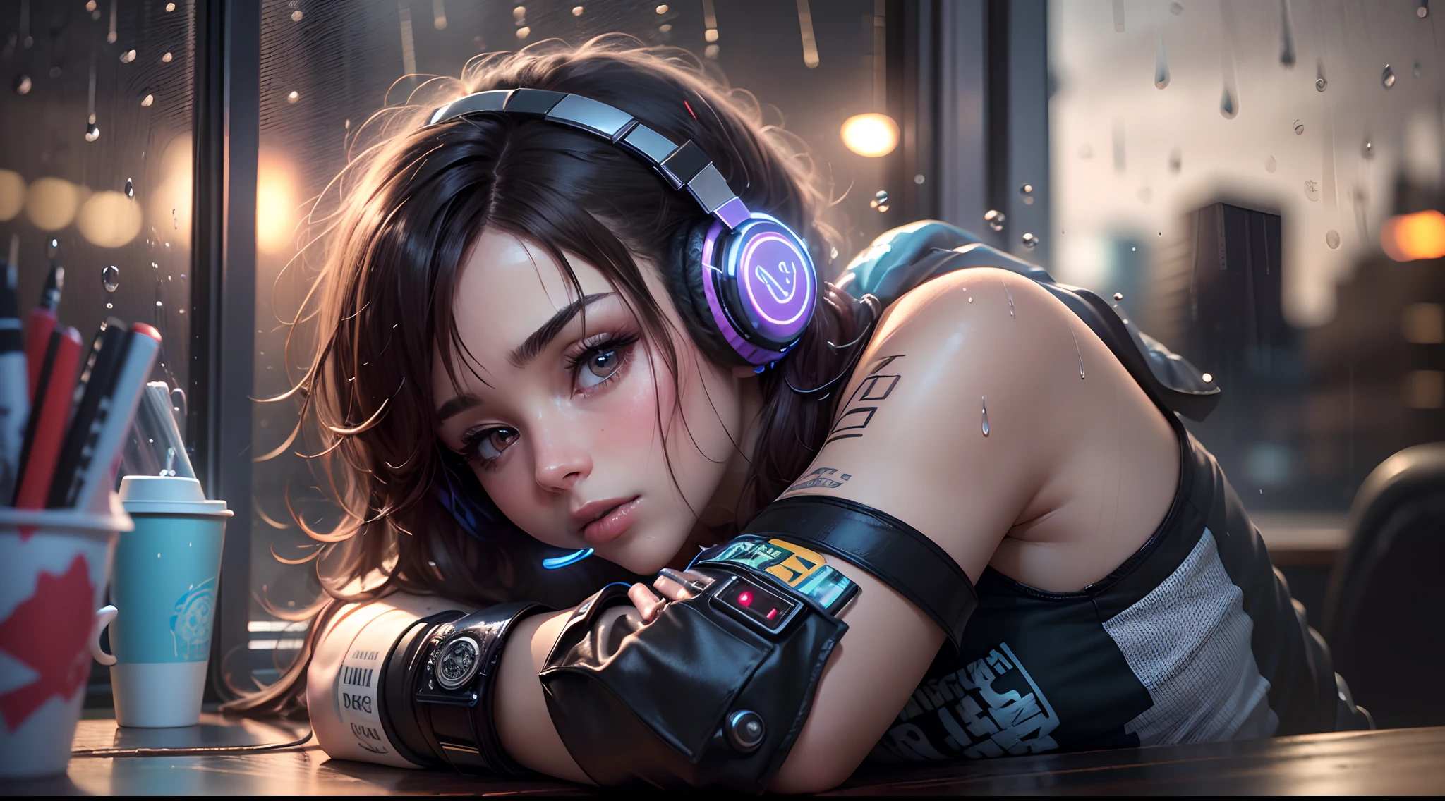 (Best quality, 4k, Masterpiece :1.3), ((rainy night: 1.5)), Girl 20 years brunette , cyberpunk lo-fi, in the bedroom, listening to music on pc, coffee cup on the table, headphones, open window on rainy night, white top glued, short shorts, wearing socks, ultra detailed, full cyberpunk headset, intricate details, 16k