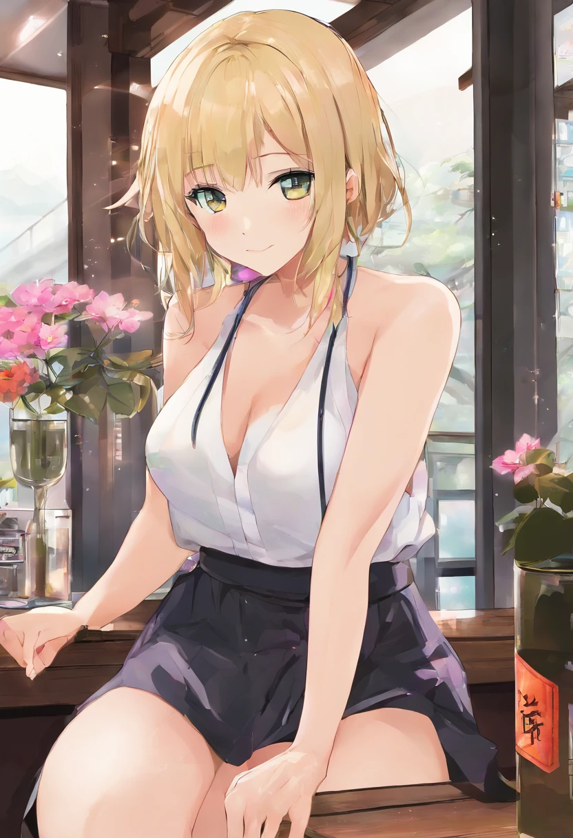 a blond、short-cut、well-groomed hair、gals、kawaii、japanes、Strong 18 year old girl、Happy smile、girl with、、profile、Mini skirt、Leather skirt、Sexy with a camisole、A slender、Beautiful big breasts、Inside the bar、Sit at the bar counter、legs crossed、full body Esbian、The table、working out、stick out chest