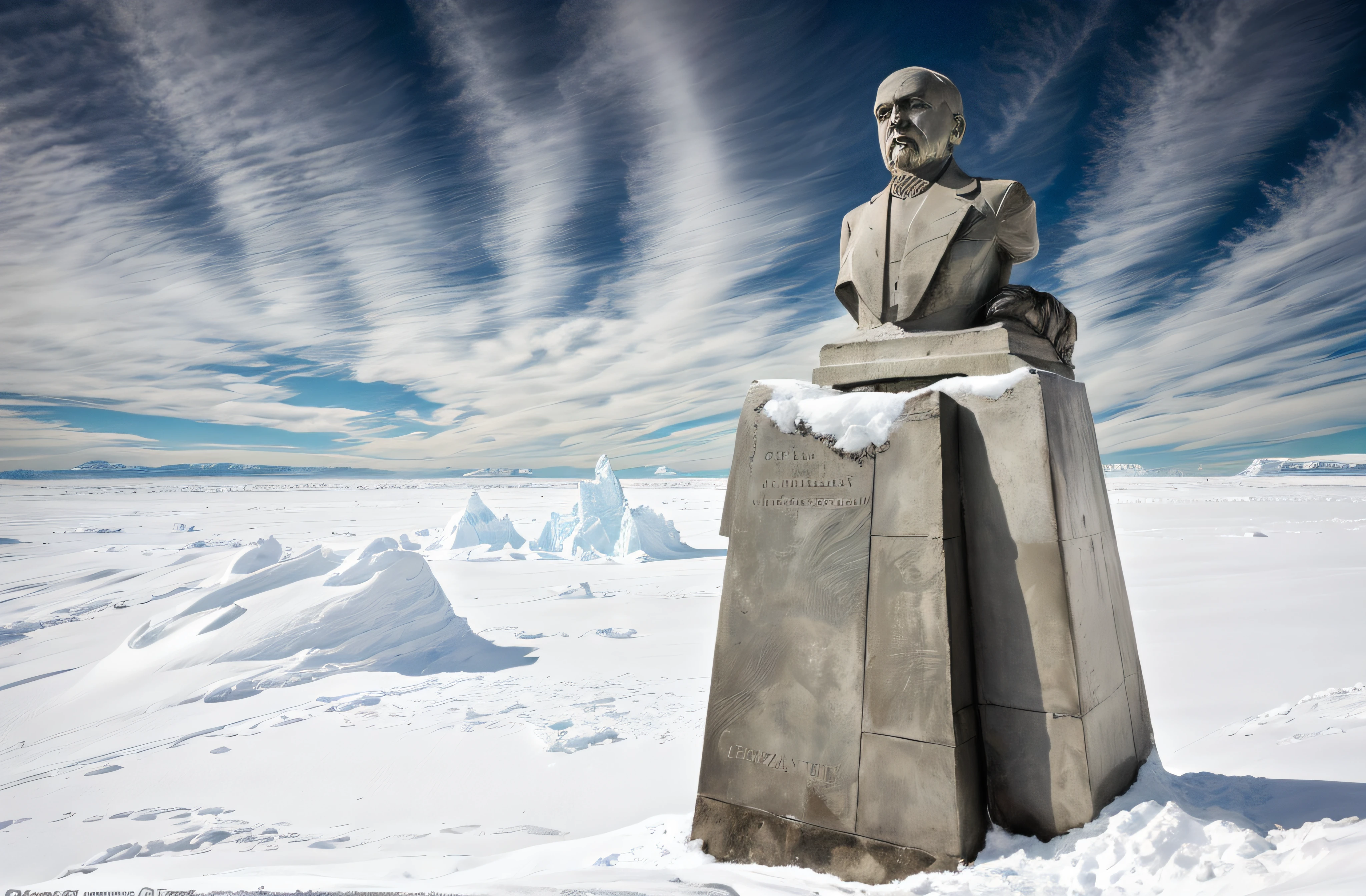 statue of lenin at the south pole of inaccessibility,bronze sculpture,standing tall,frozen landscape,winter snow,Wind swirling around,remoteness,inhospitable,the monument of solitude,isolated location,unforgiving climate,massive statue,monumental presence,ominous aura,majestic,imposing,soviet symbolism,crisp blue sky,subtle lighting,icy windswept surrounds,frigid temperature,detail-captured sculpture,subtle patina on the bronze,sharp angles in the design,facial features crisply defined,contrasting shadows and highlights,grandeur and melancholy blend,contrasts of warmth and coldness,breathtaking sight,monolithic structure,indomitable spirit,living history,remnants of a bygone era,legacy of the past. (best quality,4k,8k,highres,masterpiece:1.2),ultra-detailed,(realistic,photorealistic,photo-realistic:1.37),HDR,UHD,studio lighting,ultra-fine painting,sharp focus,physically-based rendering,extreme detail description,professional,vivid colors,bokeh,portraits,landscape