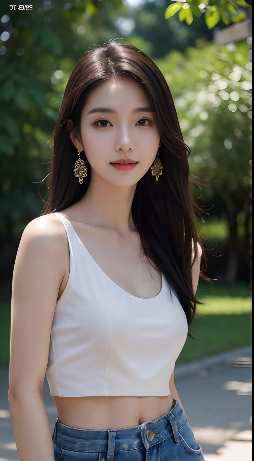 (masterpiece), a stunning photograph of korean girl model, full body, 8k, raw photo, looking at viewer, (highly detailed skin:1.2), small breasts, slim body, white hair, (photorealistic:1.4), crop top, shorts, solo, jewelry, earrings, (looking at viewer), long hair, brown eyes, portrait, realistic, smile, makeup, outdoors