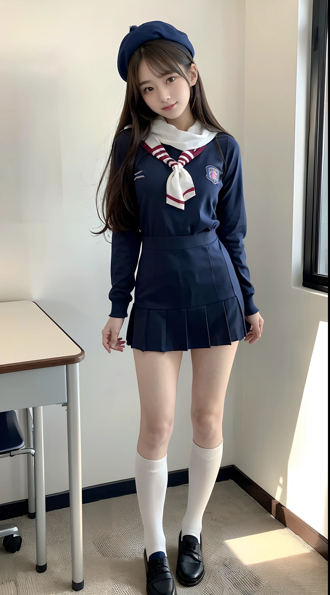 mix4, (16 K, Raw photography, Top image quality, masterpiece: 1.45), (realisitic, Photorealsitic: 1.37), one girls, 7.5, etc、Random hairstyle、Standing figure,Daytime、a very cute,Inside the school building,, profetional lighting, photon maping、physically-based renderingt, Gradient dark brown hair,Crisp backgrounds and high resolution, a handsome, Well-groomed and beautiful eyes、Large double eyelids、Very shiny、girl with, (((student clothes、Winter clothes、Sailor suit worn by Japan schoolgirl、Navy blue sailor color、scarf、a miniskirt, Small beret、high socks、lowfers、Frugal bag))), Top Quality Photos, hight resolution, 1080p, (clearface), (Detailed face description), (Detailed hand description), (masterpiece), (Exquisite CG)、extreme light and shadows、dishevled hair、master work、abundant detail、(Fine facial features)、(top quality photo)、(masuter piece)、(A detailed eye)、Look in front of you、Fine clavicle、((Slender big))、(((Japan schoolgirl in sailor suit)))、((Idle system))、((school classrooms、chalk board、desk and chair、Window side))、(((neat and cute)))、耳Nipple Ring、A big smile、Drawing the whole body from the knees、Do not draw nasolabial folds、(((Long sleeve sailor suit)))、(Big breasts that hang down big:1.2)、Big buttocks with tension、Two arms and two legs、(((from the front side:0.3)))、bare hand、No mask、No skin exposure