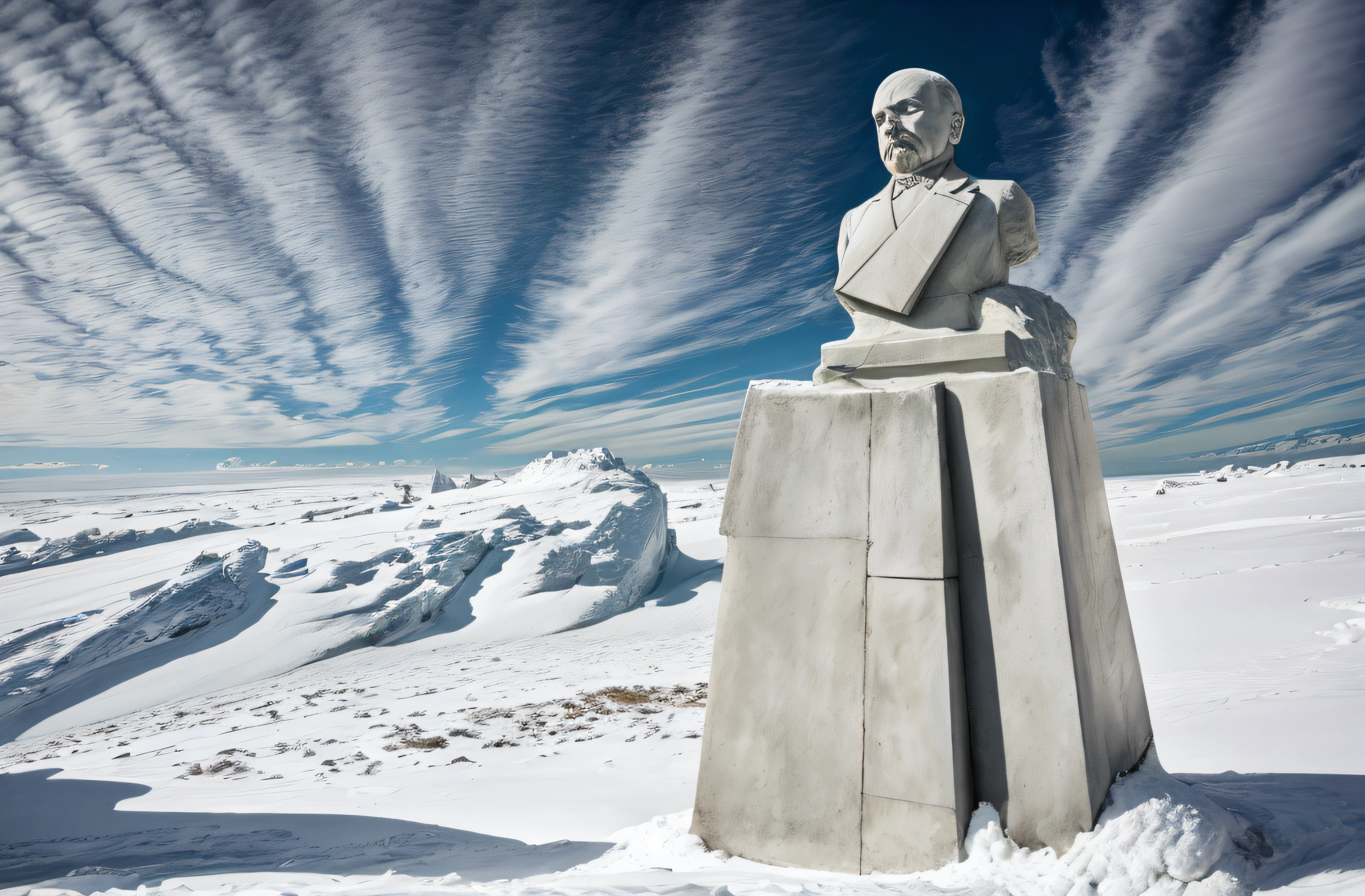 statue of lenin at the south pole of inaccessibility,bronze sculpture,standing tall,frozen landscape,winter snow,Wind swirling around,remoteness,inhospitable,the monument of solitude,isolated location,unforgiving climate,massive statue,monumental presence,ominous aura,majestic,imposing,soviet symbolism,crisp blue sky,subtle lighting,icy windswept surrounds,frigid temperature,detail-captured sculpture,subtle patina on the bronze,sharp angles in the design,facial features crisply defined,contrasting shadows and highlights,grandeur and melancholy blend,contrasts of warmth and coldness,breathtaking sight,monolithic structure,indomitable spirit,living history,remnants of a bygone era,legacy of the past. (best quality,4k,8k,highres,masterpiece:1.2),ultra-detailed,(realistic,photorealistic,photo-realistic:1.37),HDR,UHD,studio lighting,ultra-fine painting,sharp focus,physically-based rendering,extreme detail description,professional,vivid colors,bokeh,portraits,landscape
